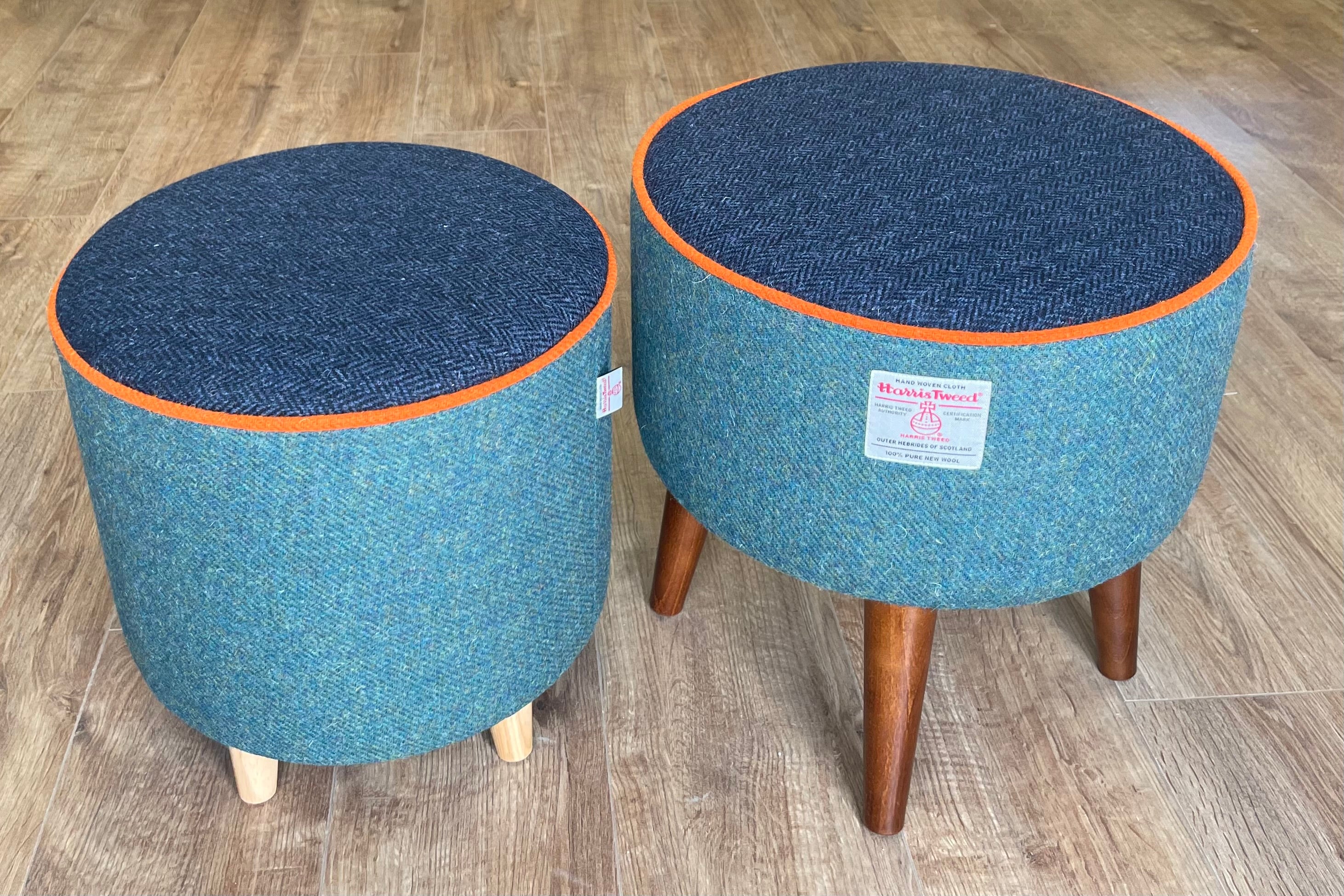 Green Harris Tweed Wide Round Footstool with Light Wooden Legs. – Mini  Cottage Creations