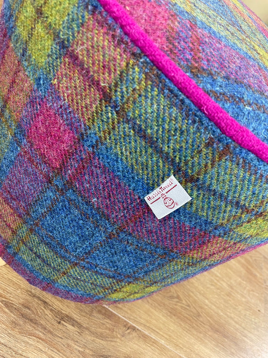 Colourful Harris Tweed Chunky Footstool with Fuchsia Piping Detail