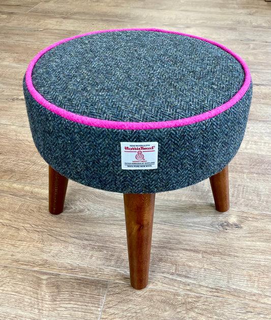 Charcoal Harris Tweed Footstool with Bright Pink Piping Detail