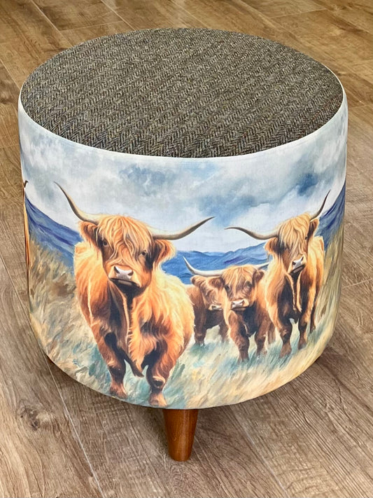 Highland Cows by the Sea Chunky Footstool with Brown Harris Tweed