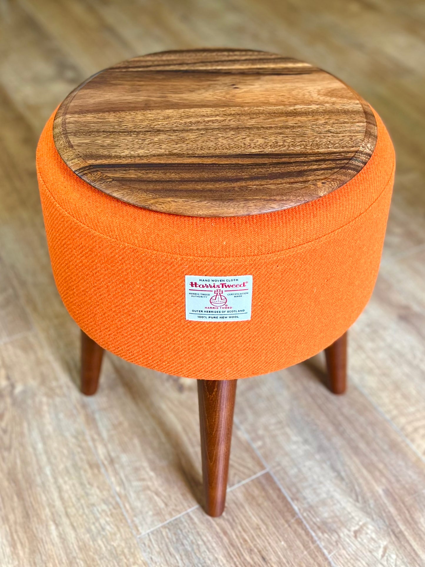 Side Table, Orange Harris Tweed with Removable Wooden Top and Dark Varnished Wooden Legs