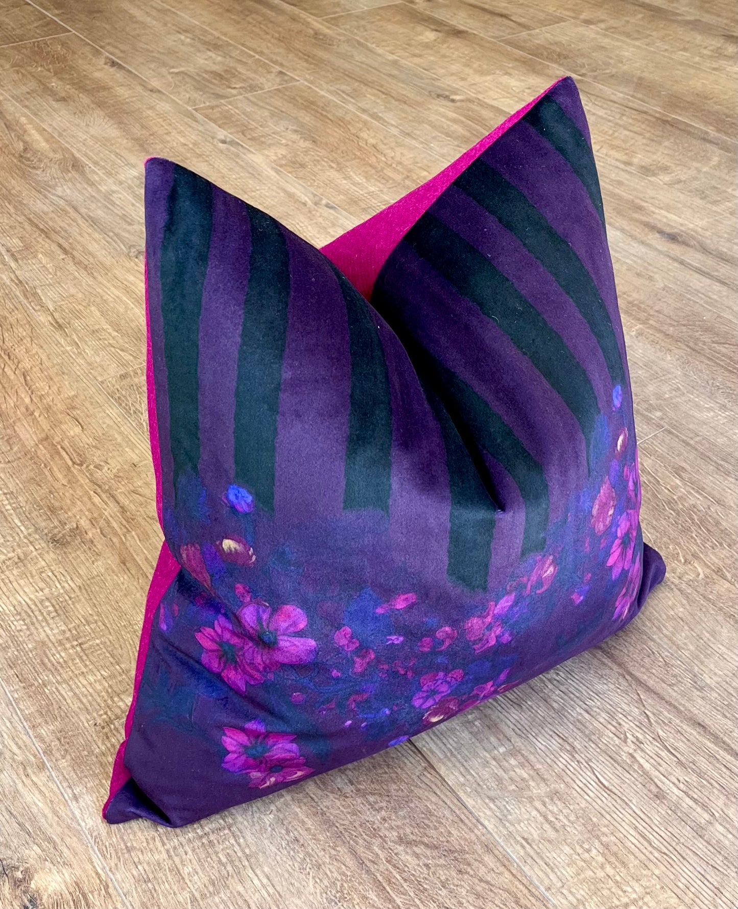 Stripes in Bloom Velvet and Fuchsia Harris Tweed Cushion 18”