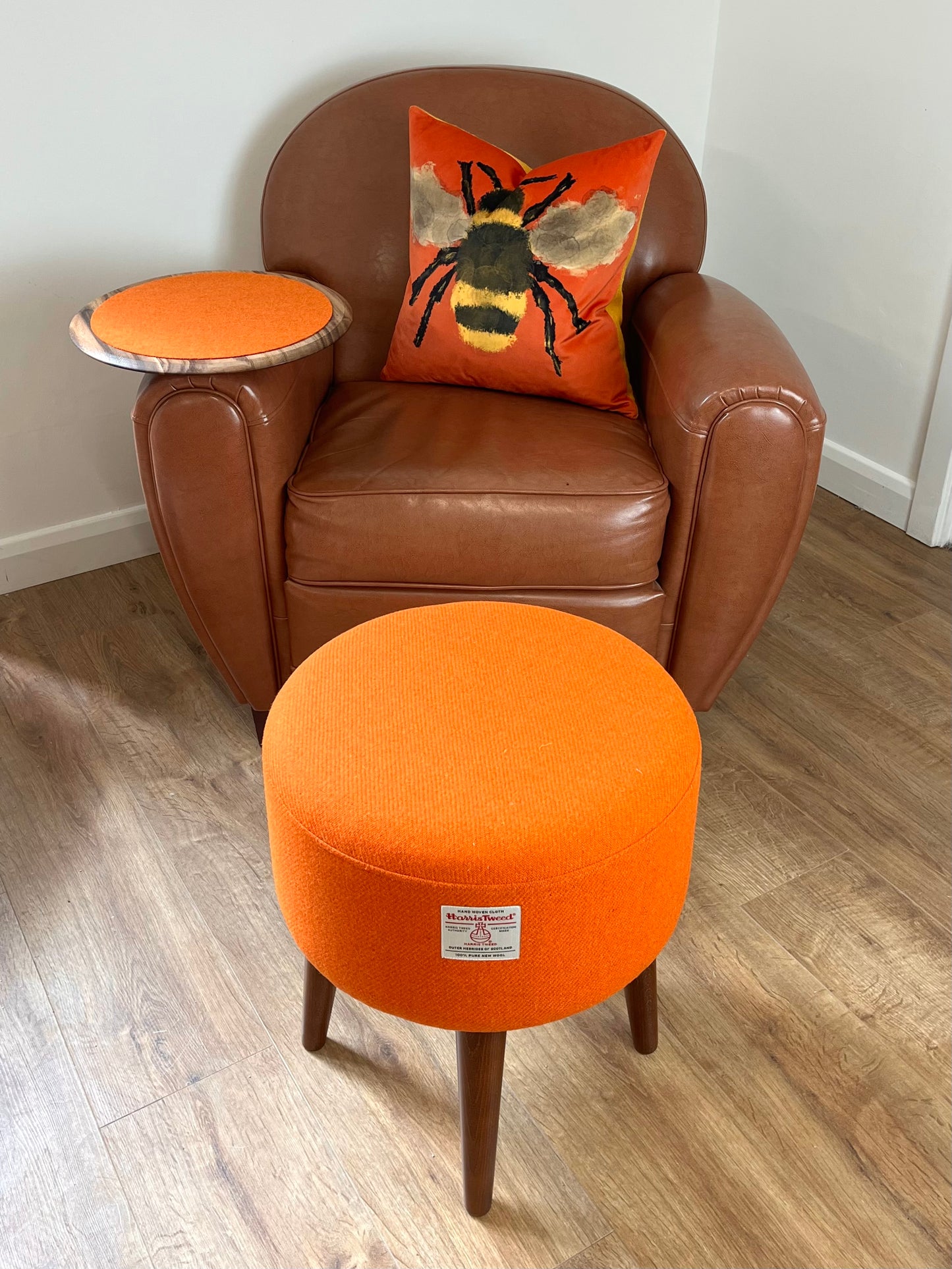 Side Table, Orange Harris Tweed with Removable Wooden Top and Dark Varnished Wooden Legs