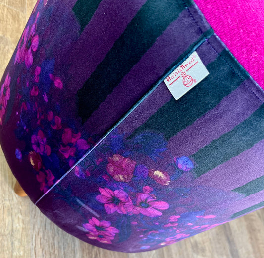 Stripes in Bloom Velvet Chunky Footstool with Fuchsia Harris Tweed