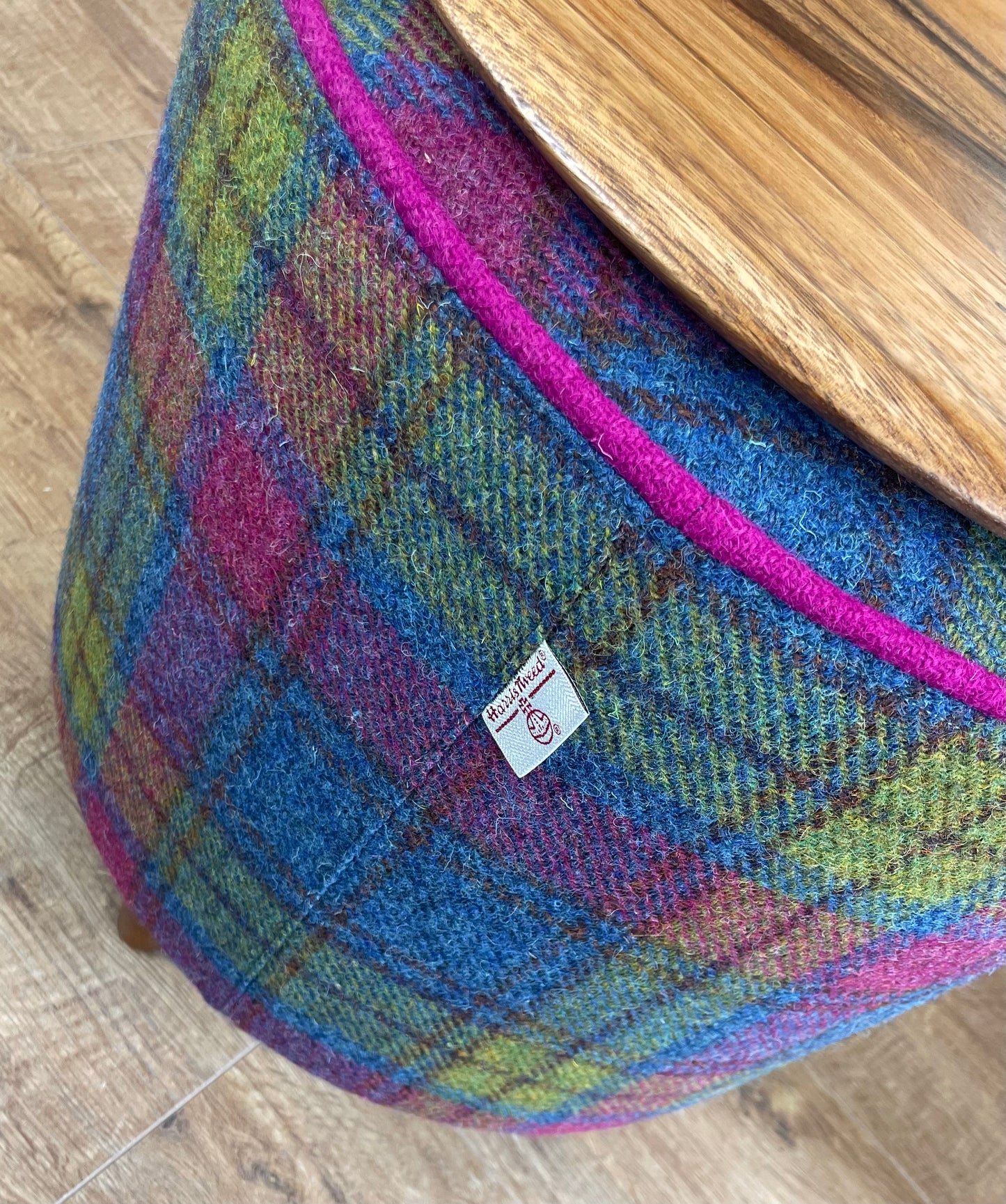 Colourful Tartan Harris Tweed Chunky End Table with Fuchsia Piping and Removable Wooden Top