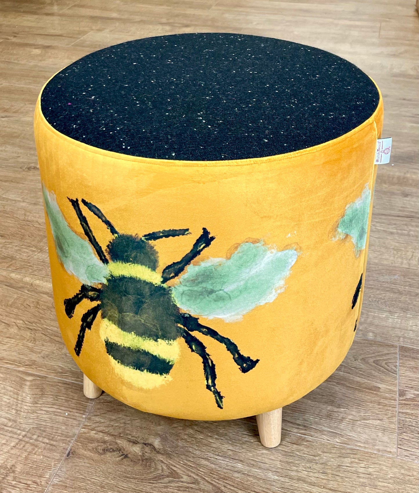 Bumble Bee Footstool with Black Speckled Harris Tweed Top Detail