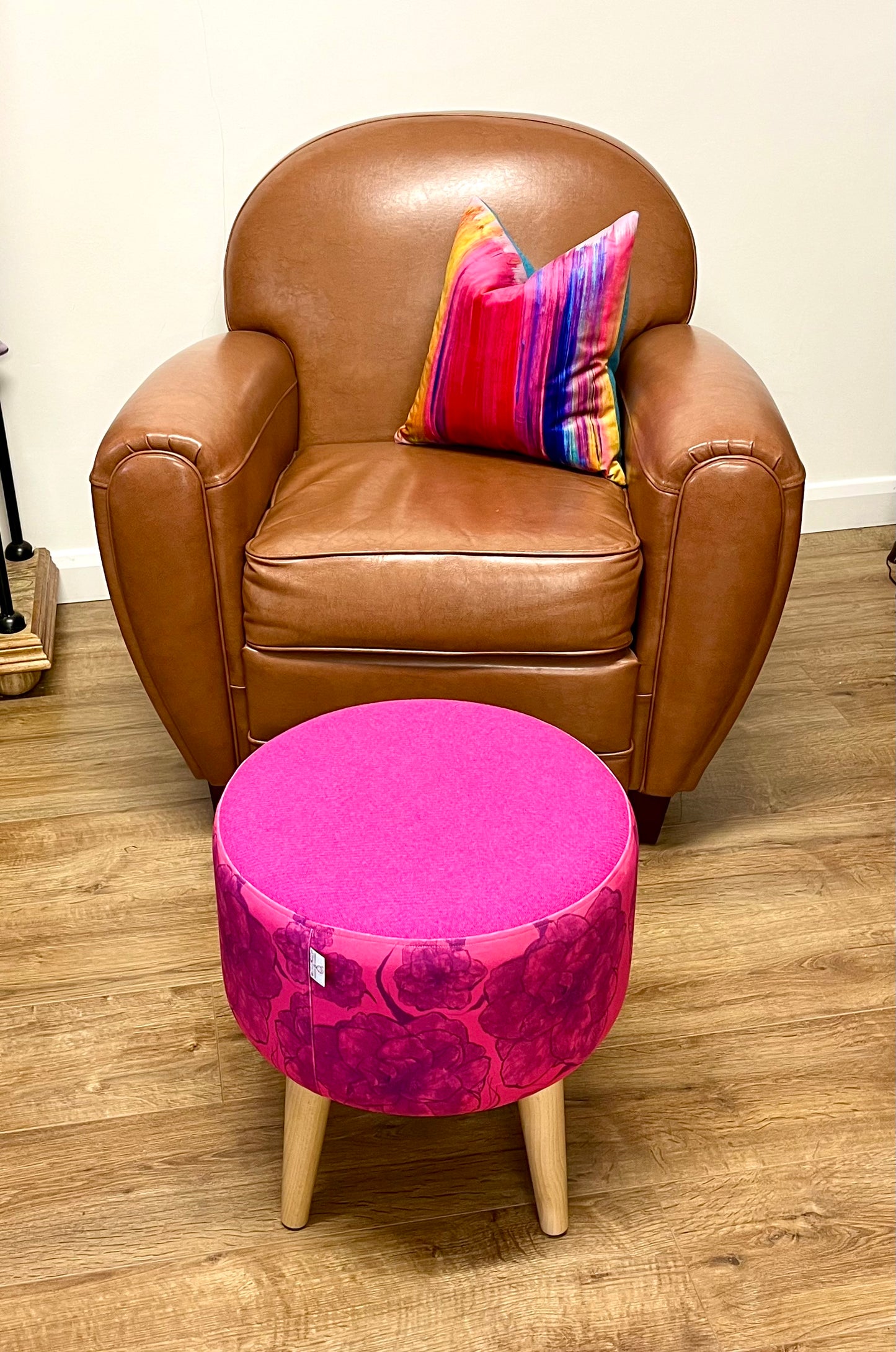 Purple Camellia on Pink Velvet and Harris Tweed Footstool