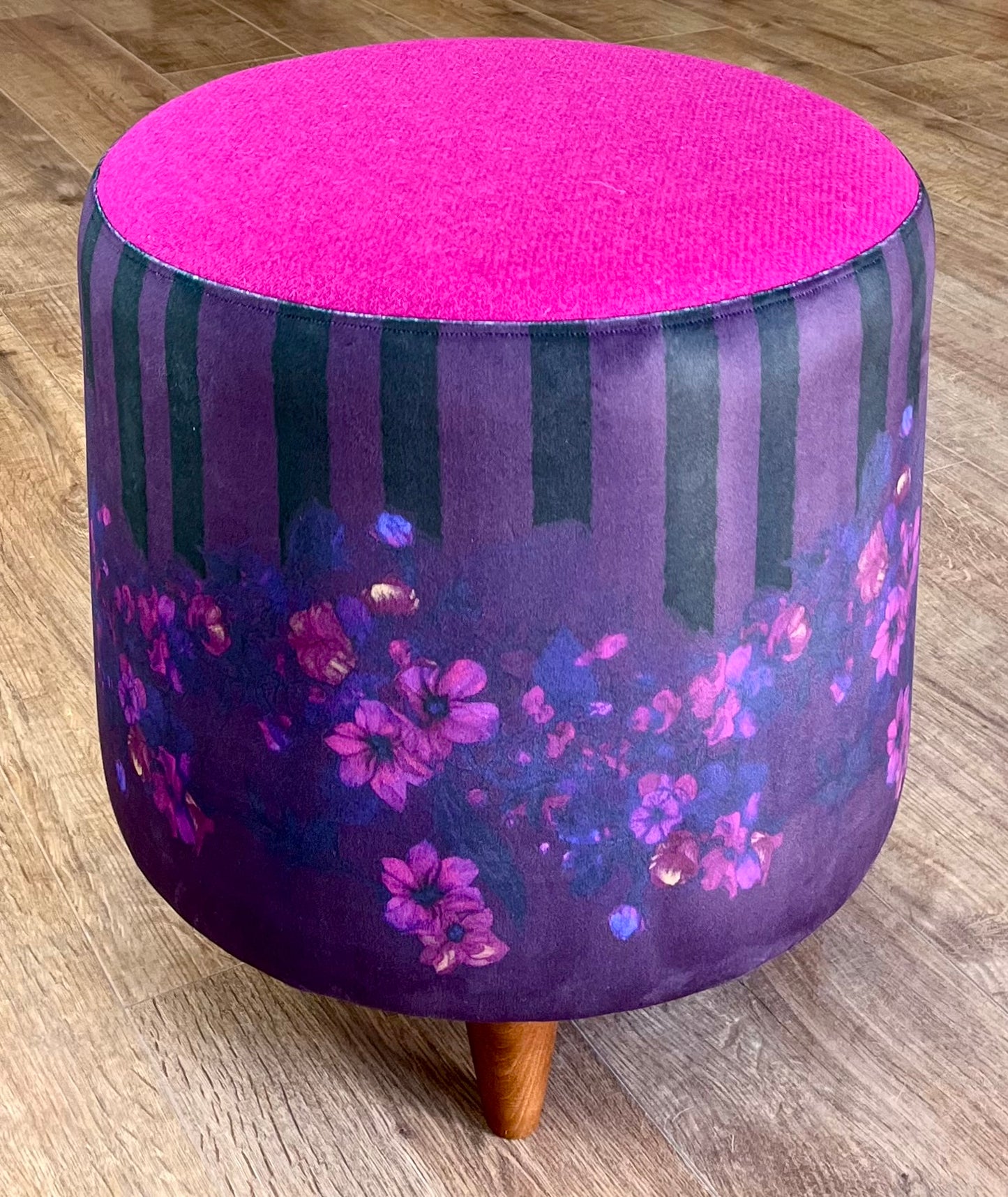 Stripes in Bloom Velvet Chunky Footstool with Fuchsia Harris Tweed