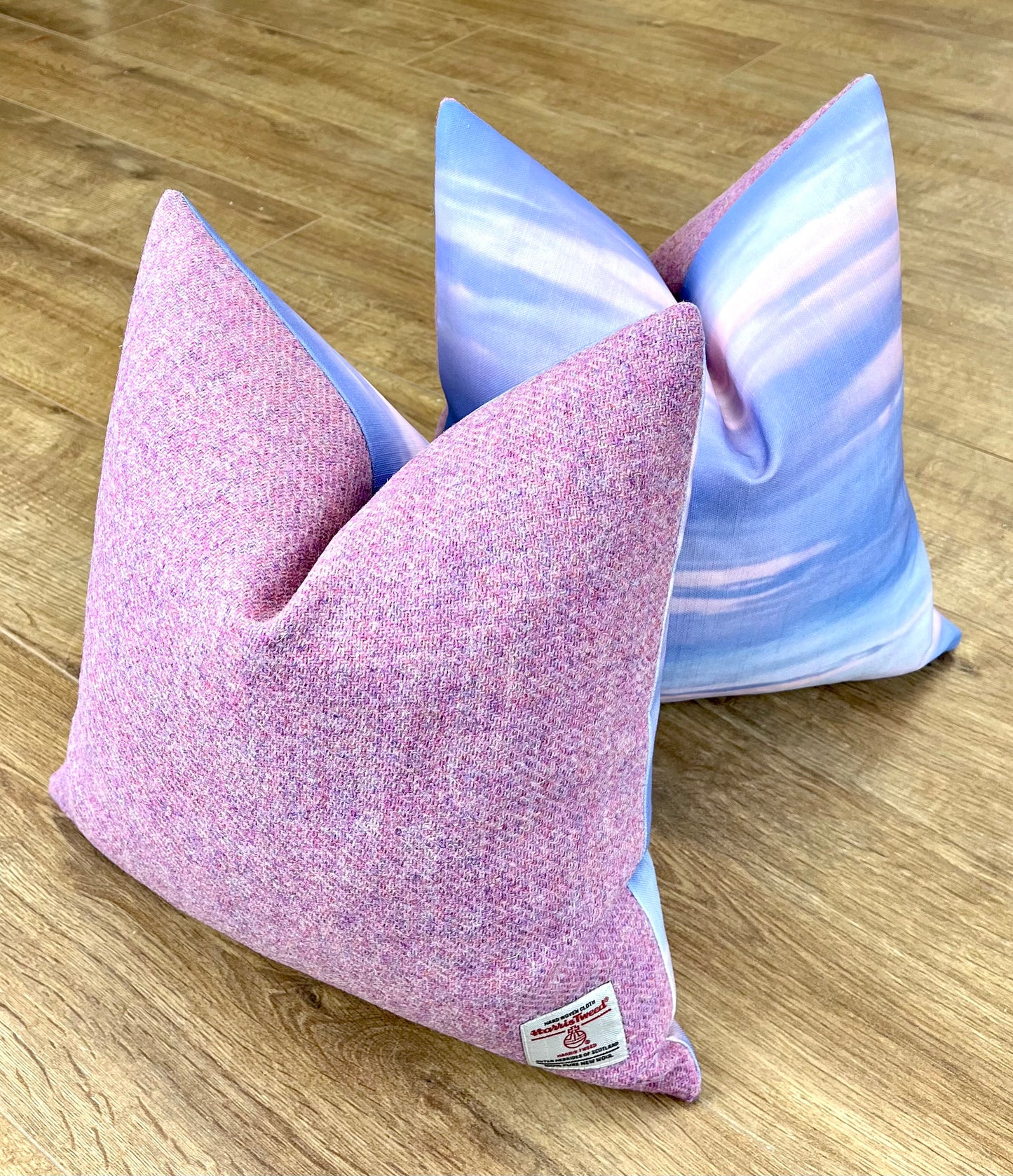 Skyscape Linen and Dusky Pink Harris Tweed Cushion 16”
