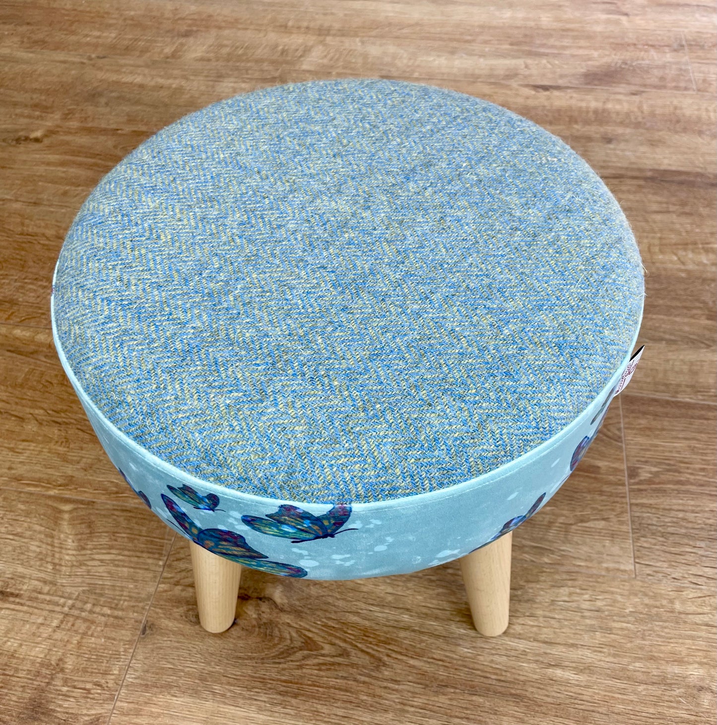 Butterflies in the Rain Velvet and Harris Tweed Small Footstool