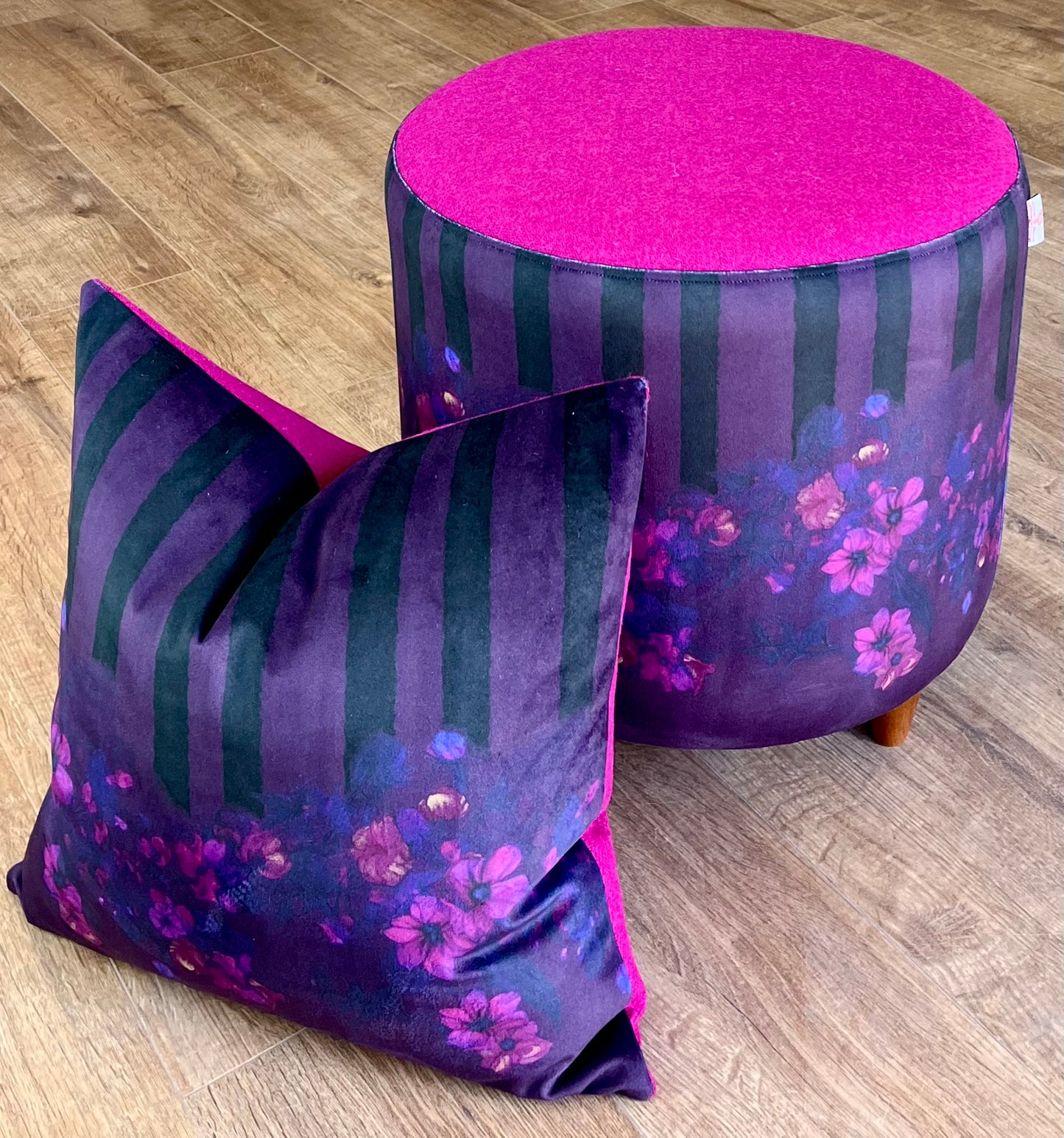 Stripes in Bloom Velvet Chunky Footstool with Fuchsia Harris Tweed
