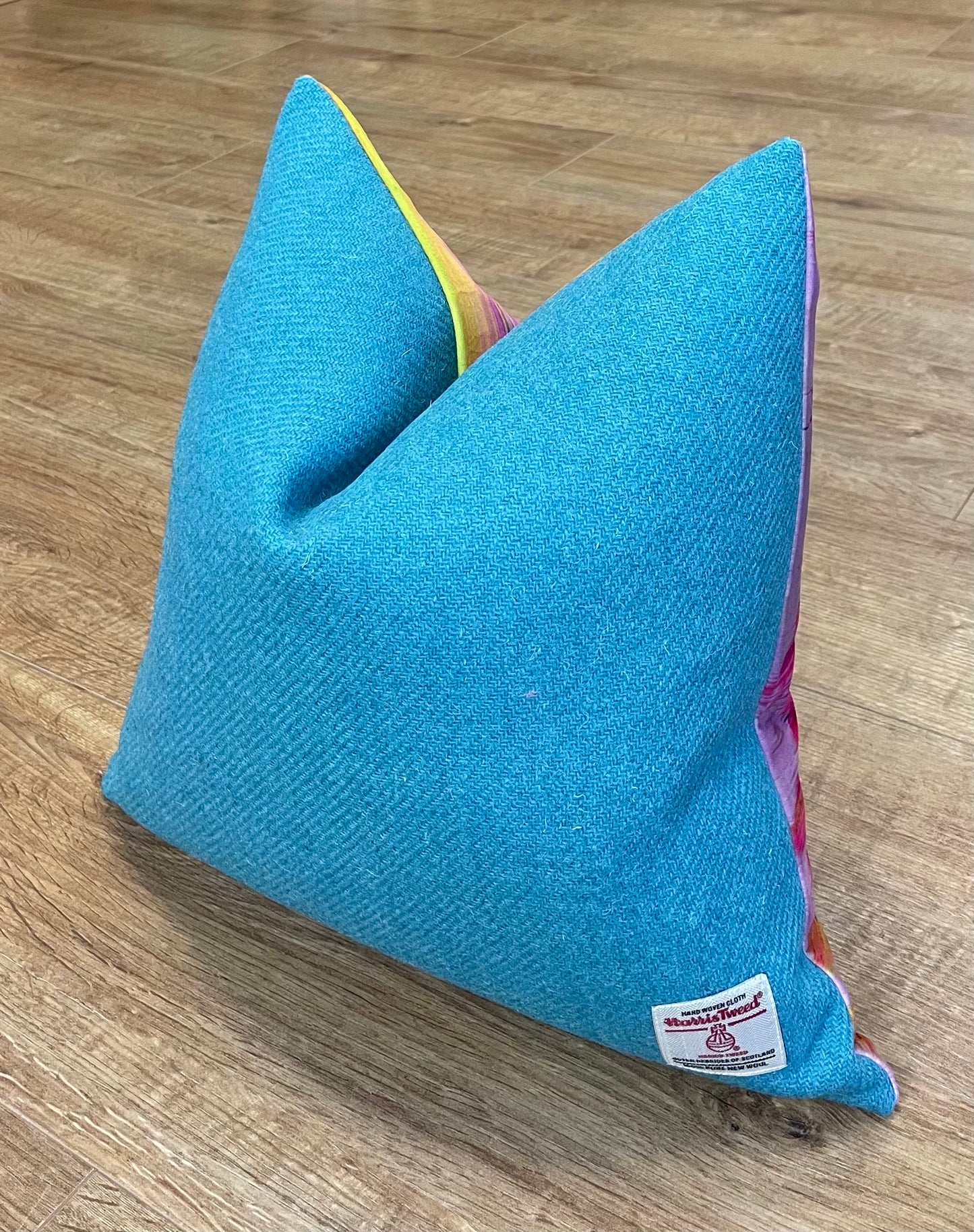 Paint Strokes Velvet and Turquoise Harris Tweed Cushion, Handmade, 16”