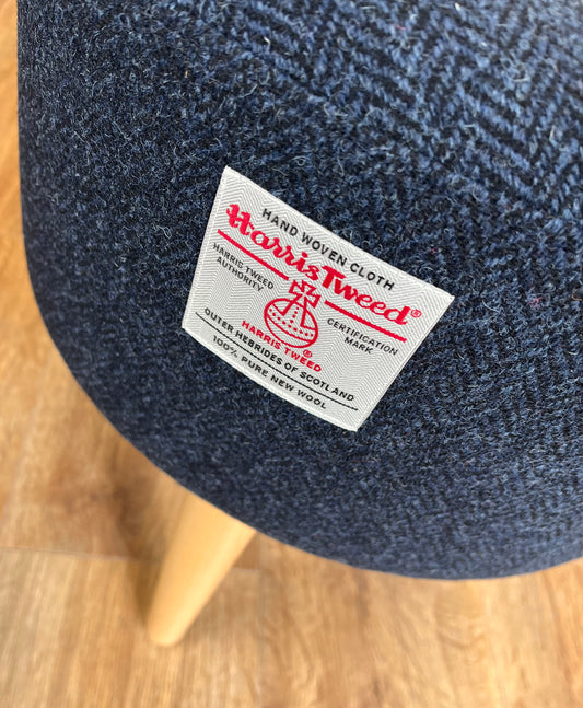 Navy Blue Harris Tweed Upholstered Footstool with Varnished Wooden Legs.