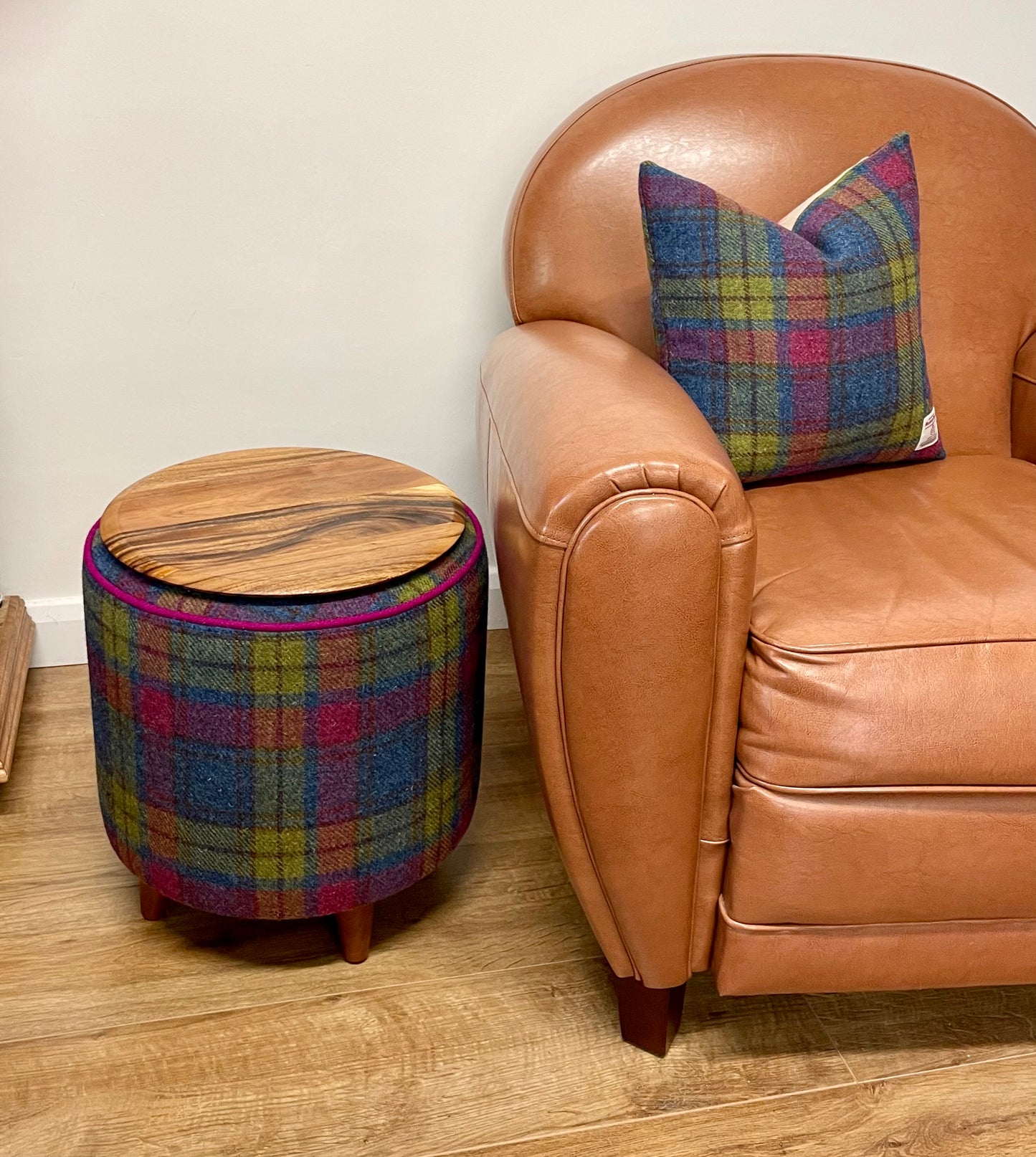 Colourful Tartan Harris Tweed Chunky End Table with Fuchsia Piping and Removable Wooden Top