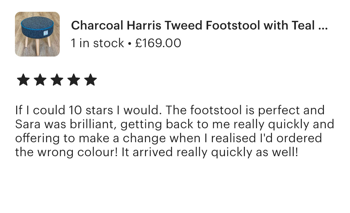 Charcoal Harris Tweed Footstool with Teal Piping and Varnished Wooden Legs