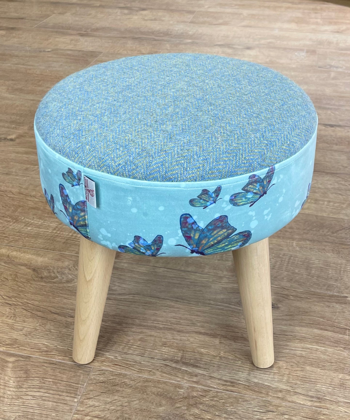 Butterflies in the Rain Velvet and Harris Tweed Small Footstool
