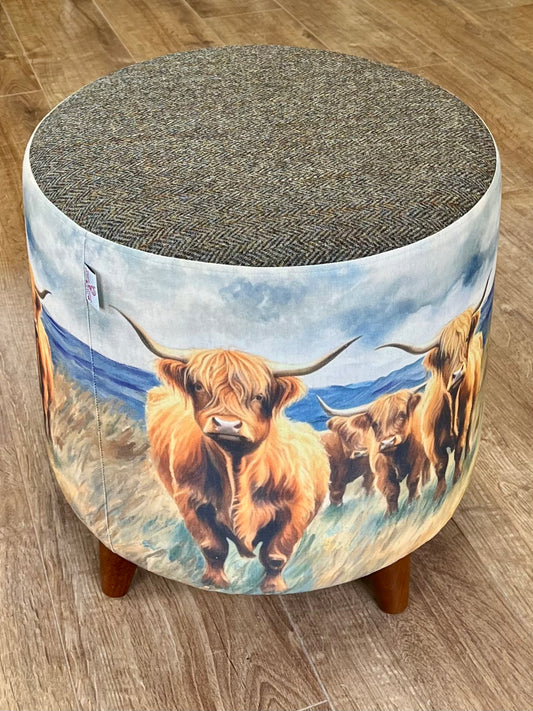 Highland Cows by the Sea Chunky Footstool with Brown Harris Tweed