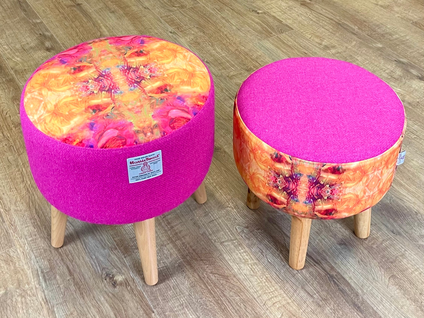 Fire Velvet and Pink Harris Tweed Footstool