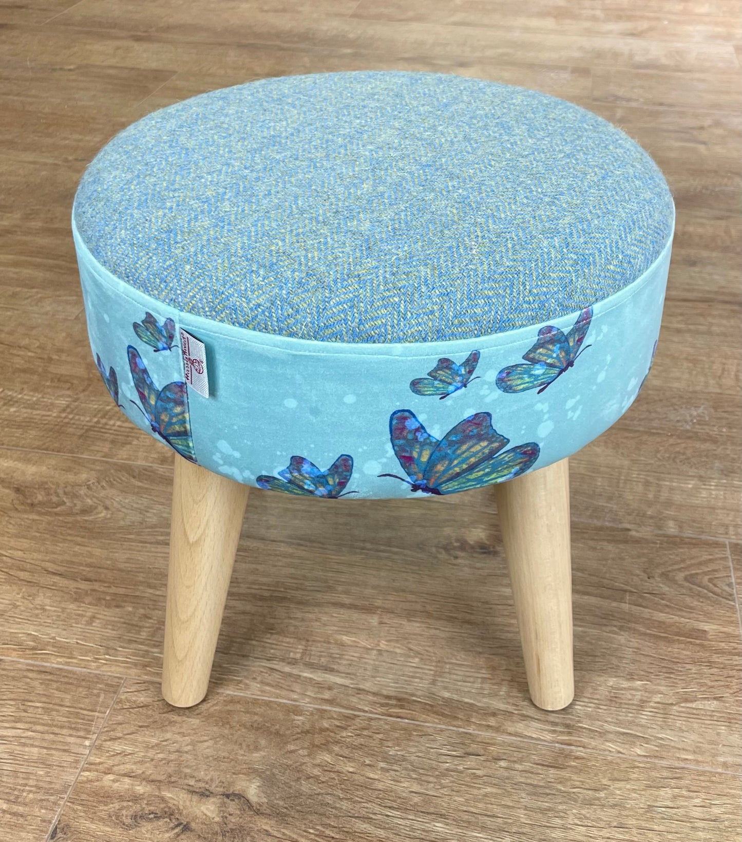 Butterflies in the Rain Velvet and Harris Tweed Small Footstool