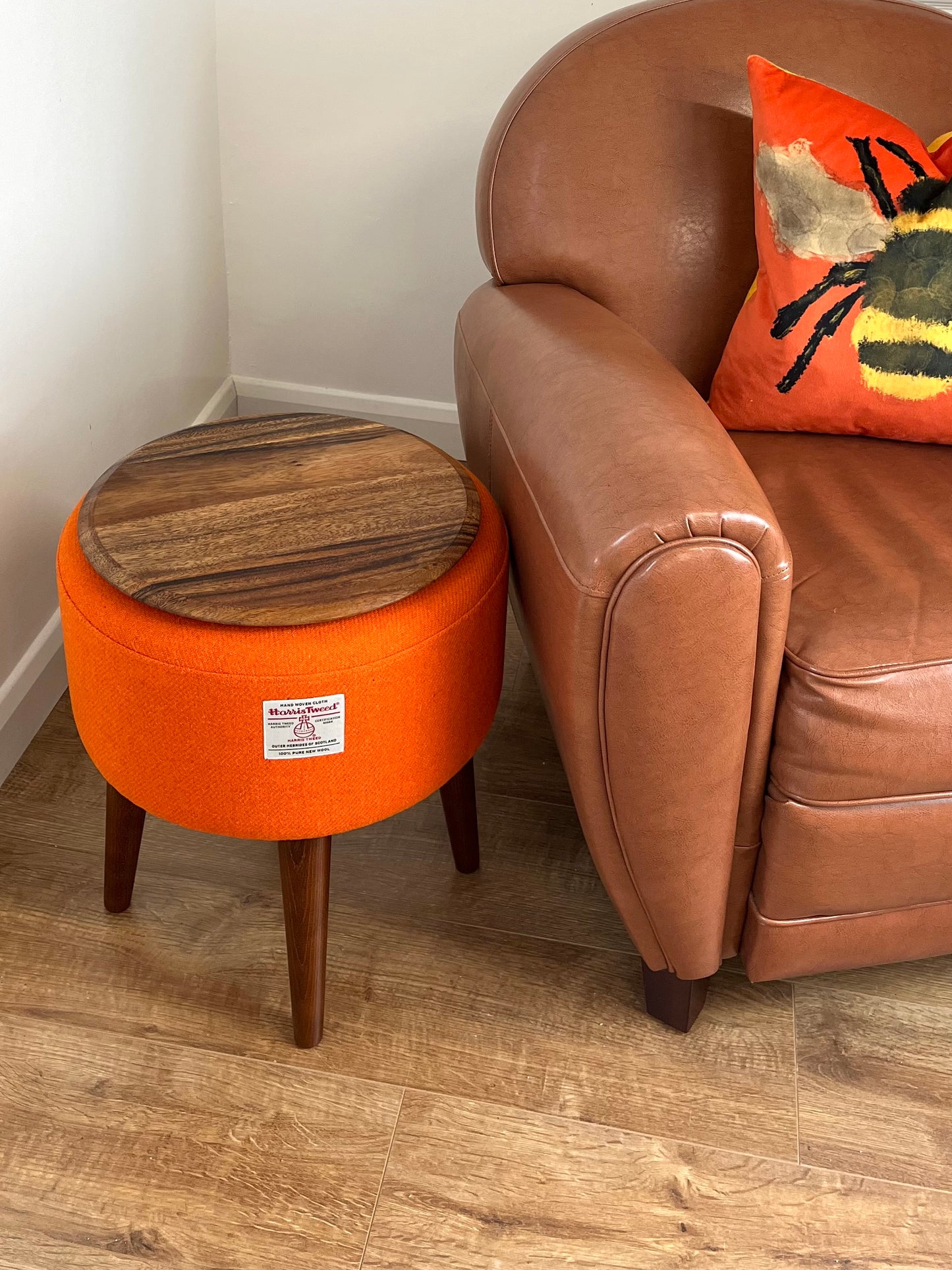 Side Table, Orange Harris Tweed with Removable Wooden Top and Dark Varnished Wooden Legs