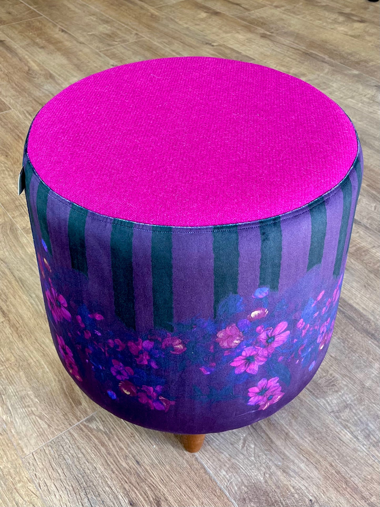 Stripes in Bloom Velvet Chunky Footstool with Fuchsia Harris Tweed