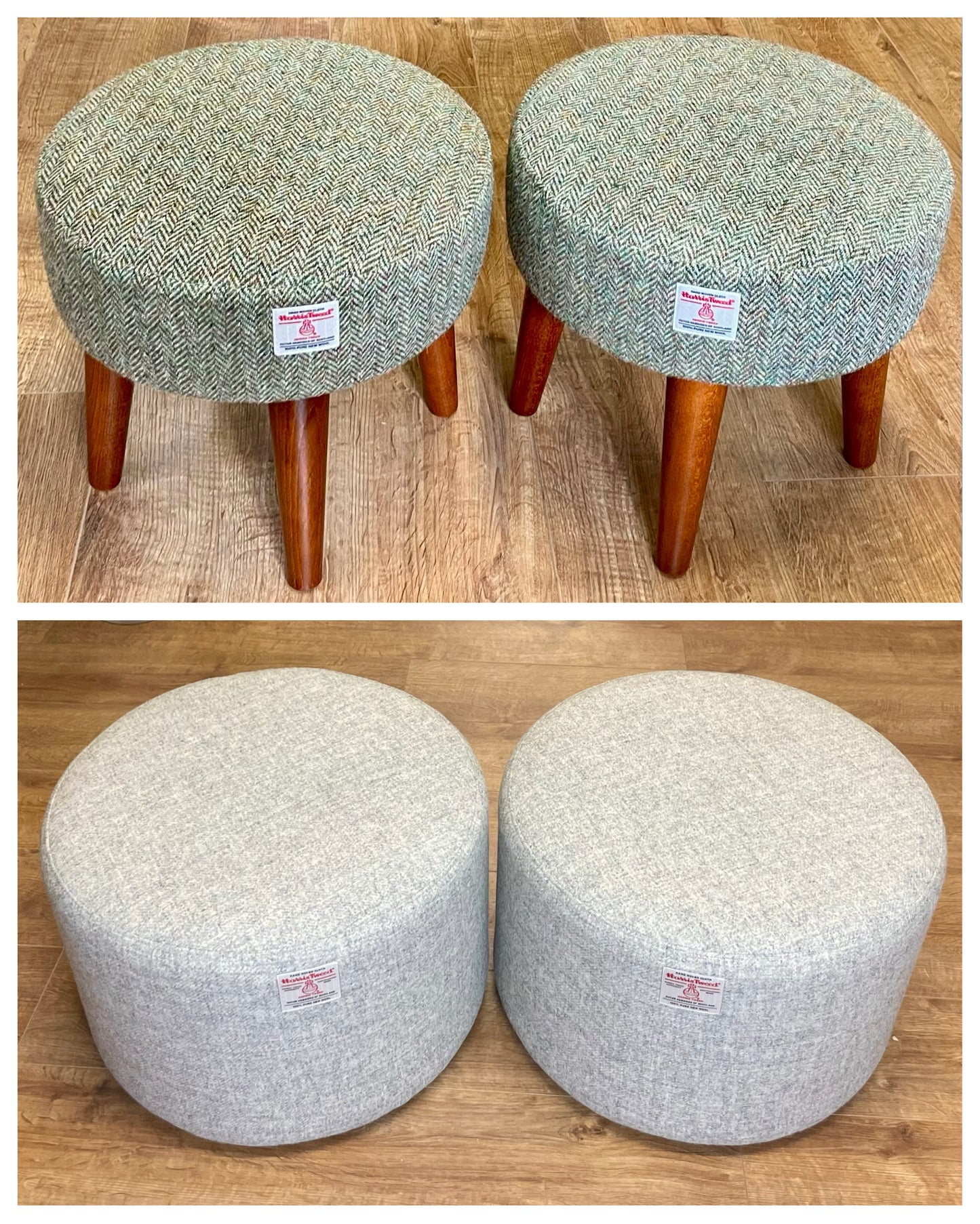 Light Brown Green Harris Tweed Footstool with Varnished Light Wooden Legs