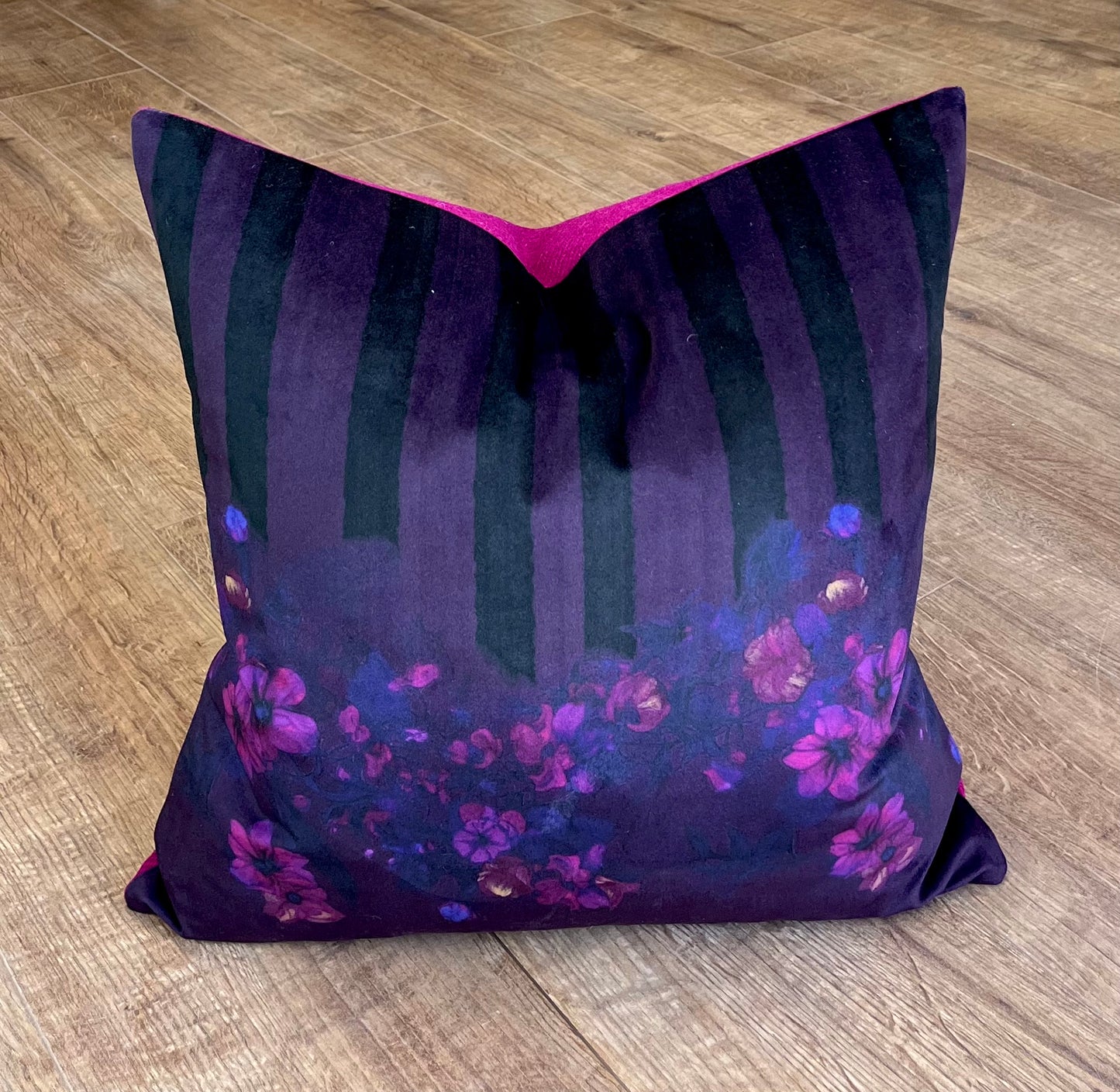 Stripes in Bloom Velvet and Fuchsia Harris Tweed Cushion 18”