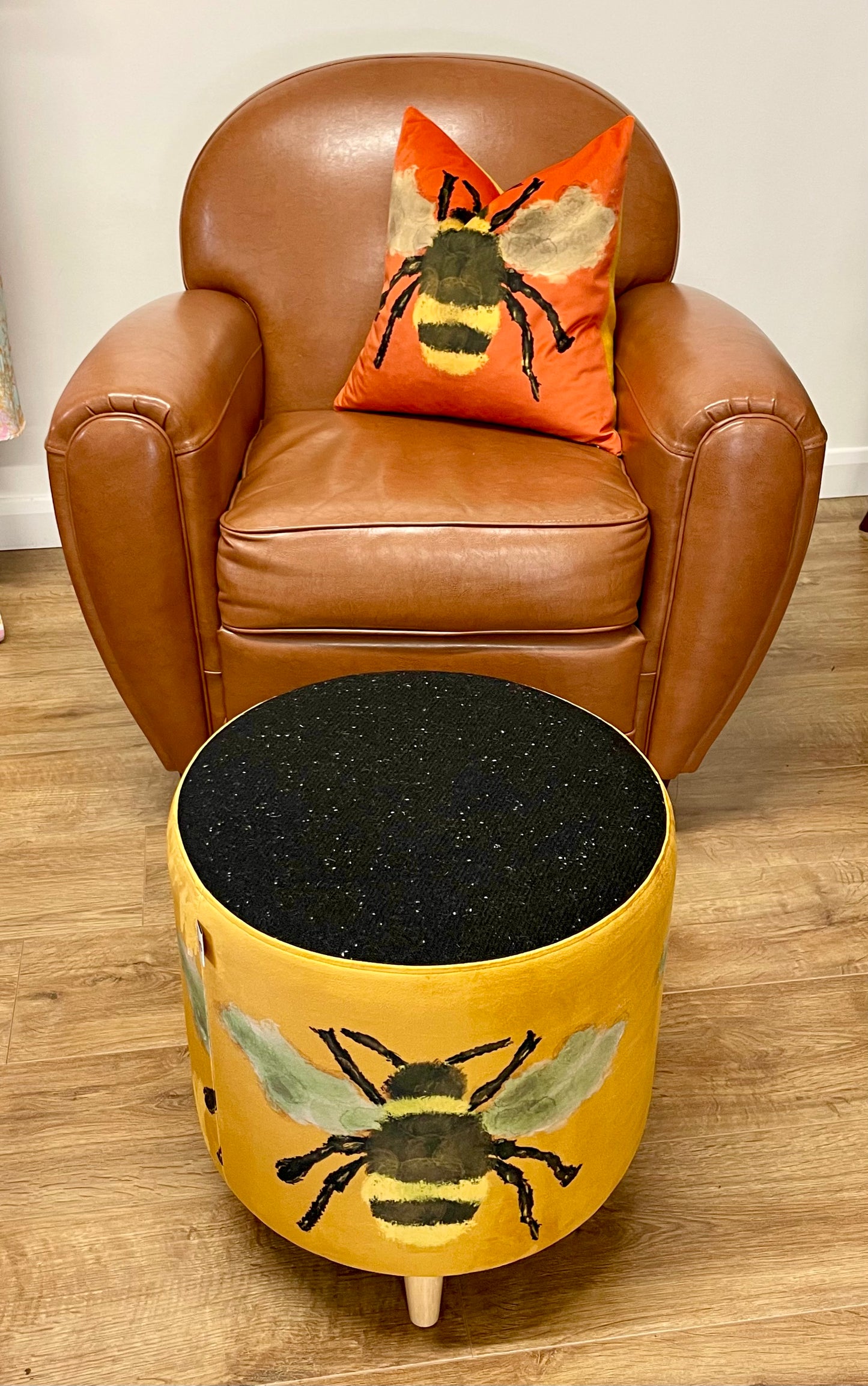 Bumble Bee Footstool with Black Speckled Harris Tweed Top Detail