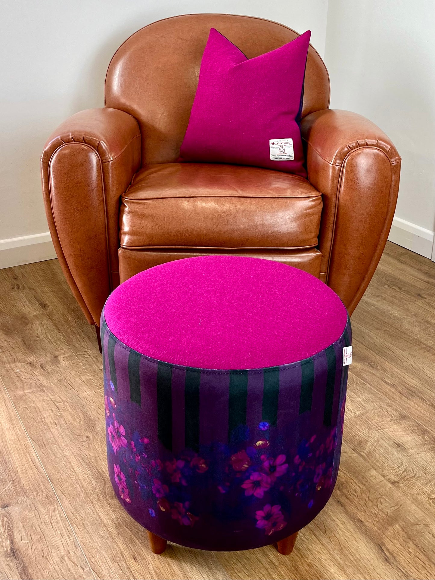 Stripes in Bloom Velvet and Fuchsia Harris Tweed Cushion 18”