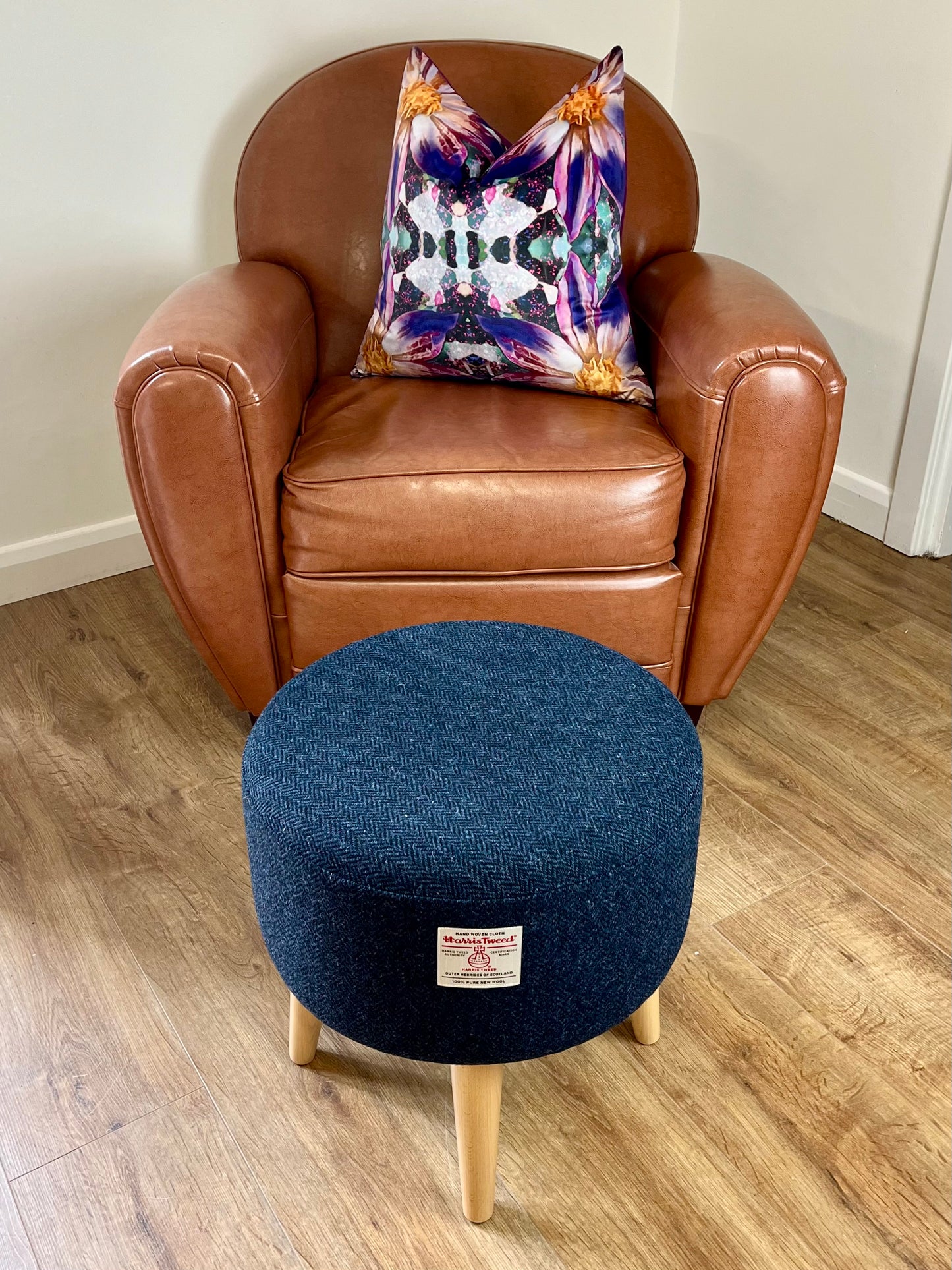 Navy Blue Harris Tweed Upholstered Footstool with Varnished Wooden Legs.