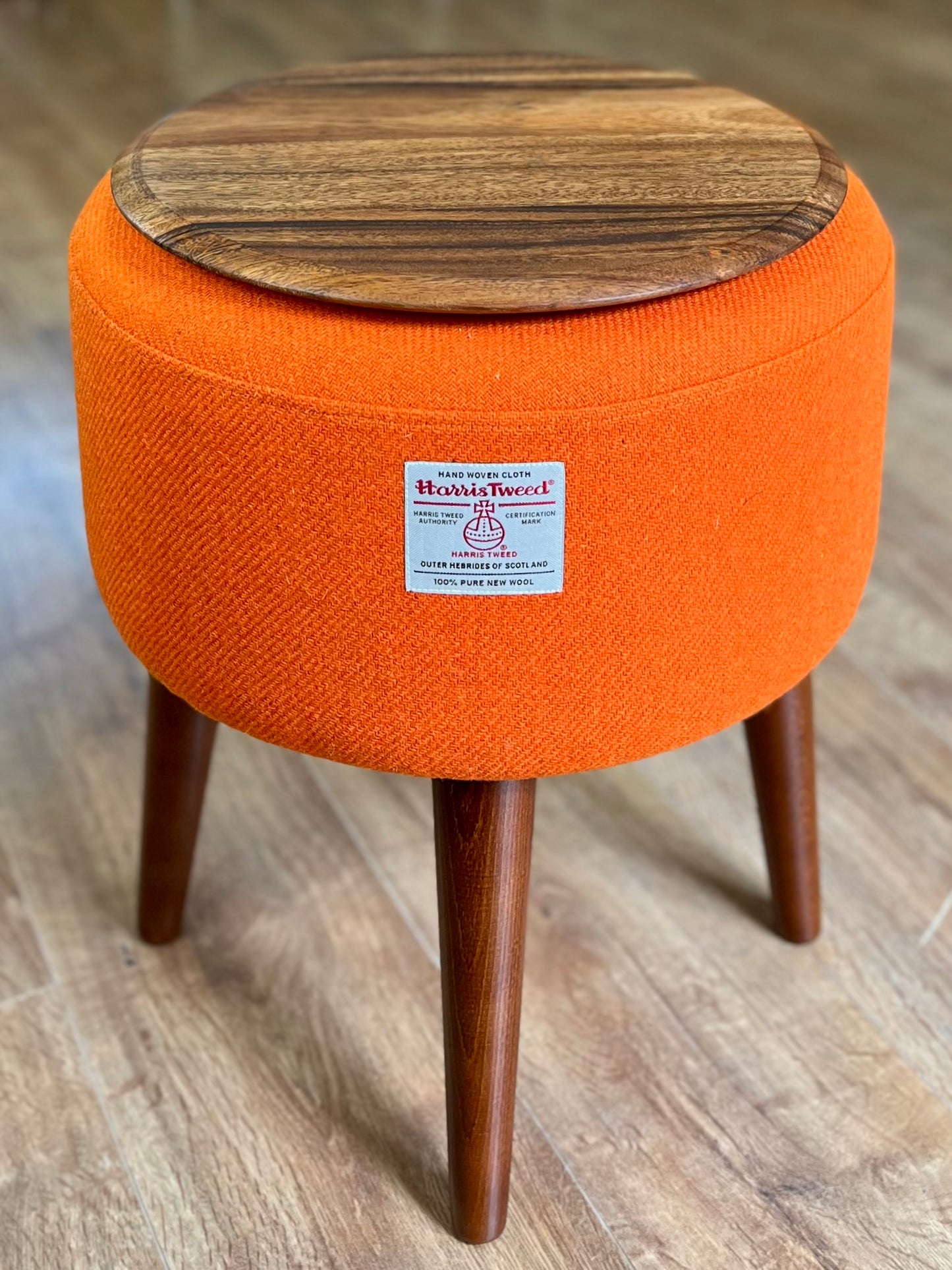 Side Table, Orange Harris Tweed with Removable Wooden Top and Dark Varnished Wooden Legs