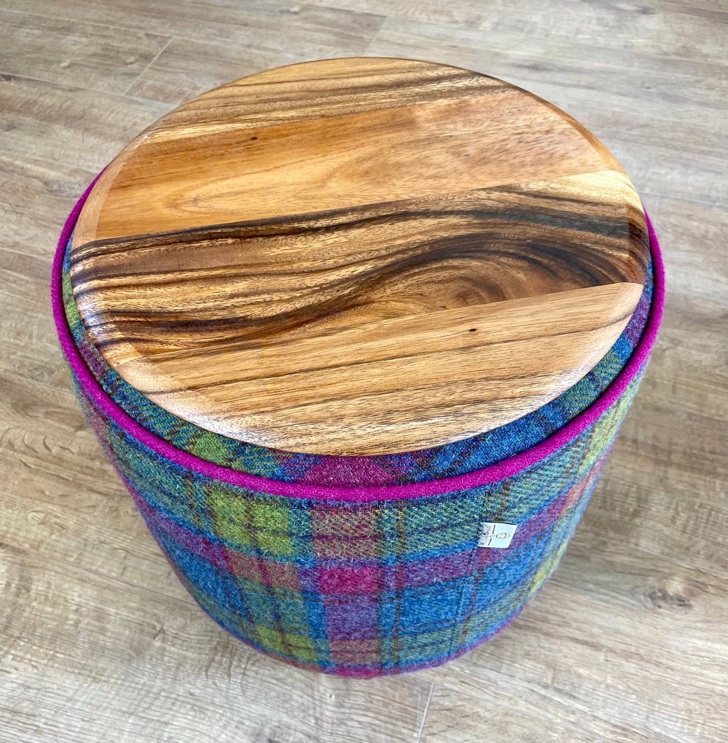 Colourful Tartan Harris Tweed Chunky End Table with Fuchsia Piping and Removable Wooden Top