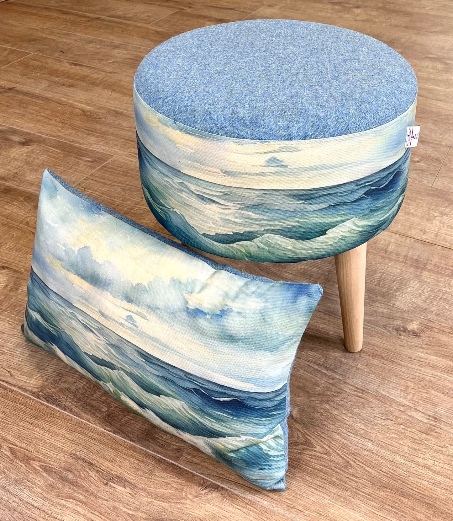 Stormy Sea Linen and Light Blue Harris Tweed Oblong Cushion