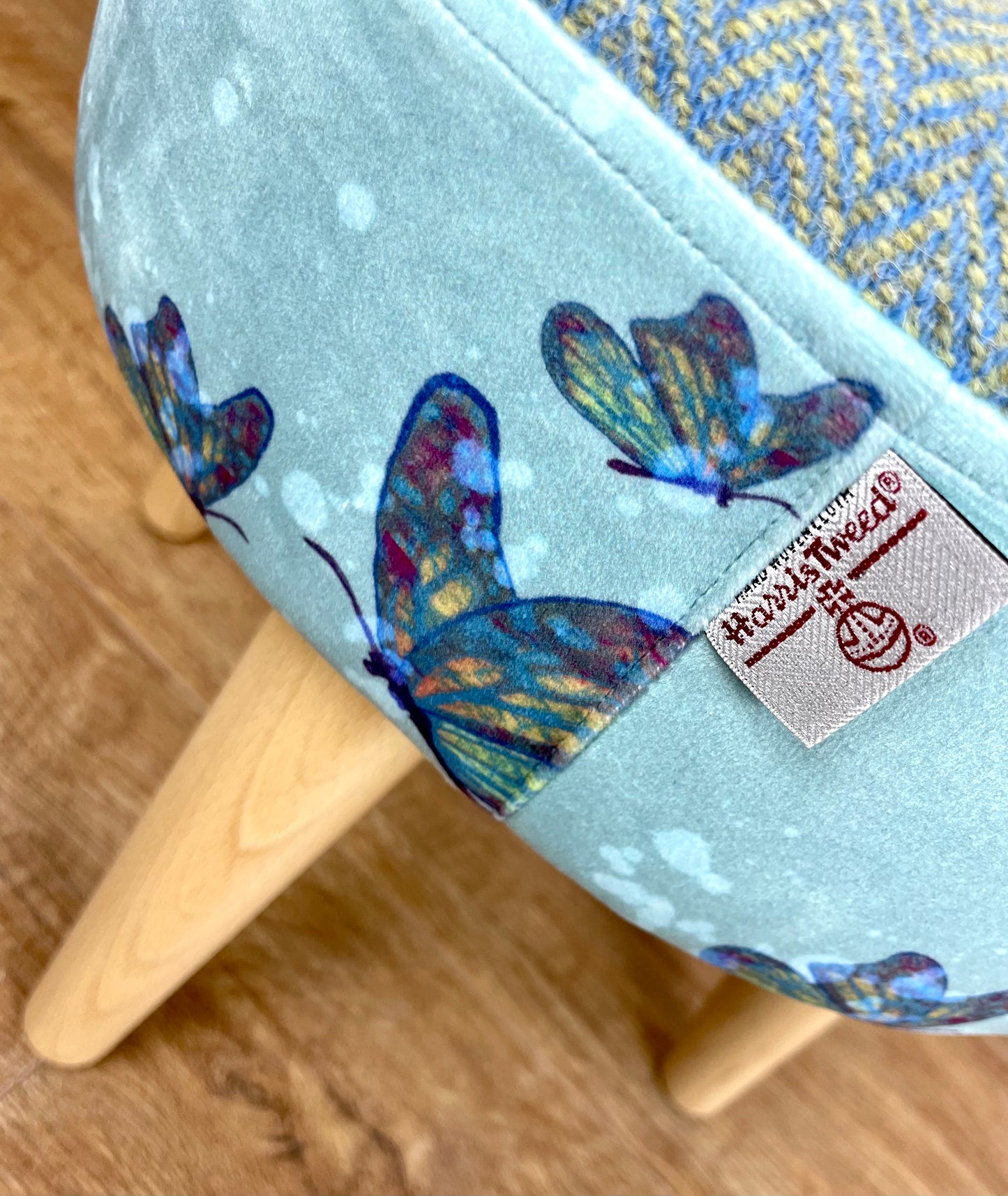Butterflies in the Rain Velvet and Harris Tweed Small Footstool