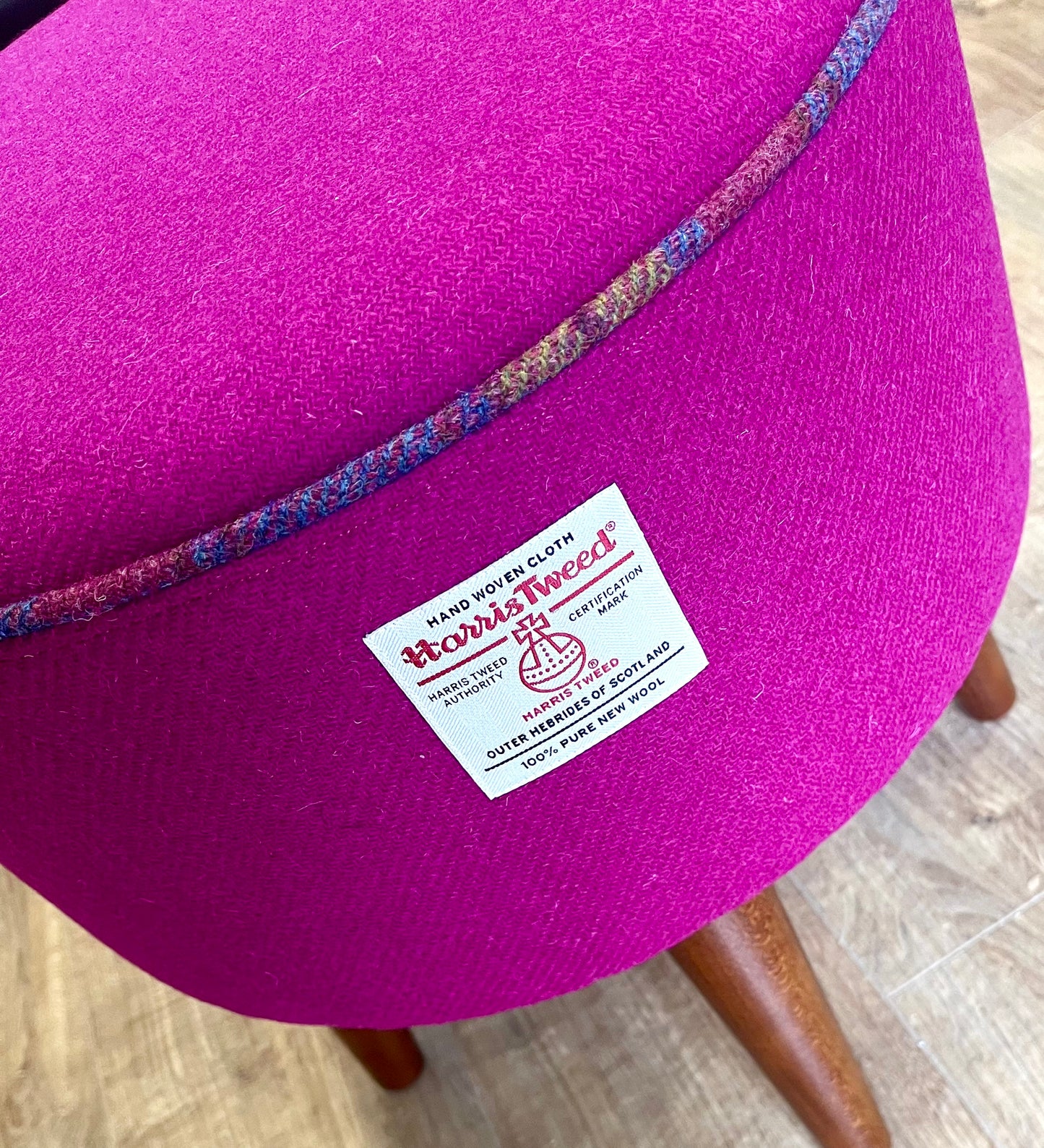 Fuchsia Harris Tweed Footstool with Tartan Piping and Dark Varnished Wooden Legs