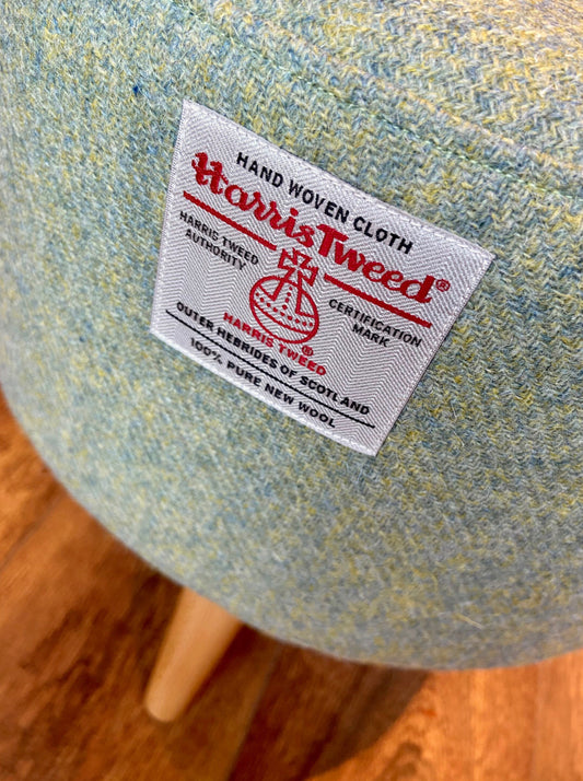 Light Green Harris Tweed Round Footstool with Light Wooden Legs
