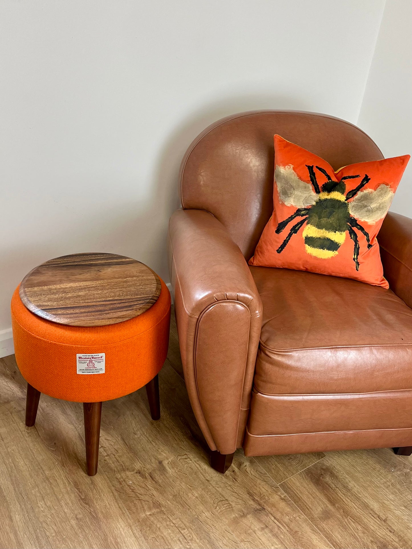 Side Table, Orange Harris Tweed with Removable Wooden Top and Dark Varnished Wooden Legs