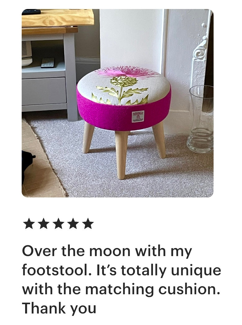 Bright Pink Embroidered Thistle and Harris Tweed Footstool with Varnished Wooden Legs