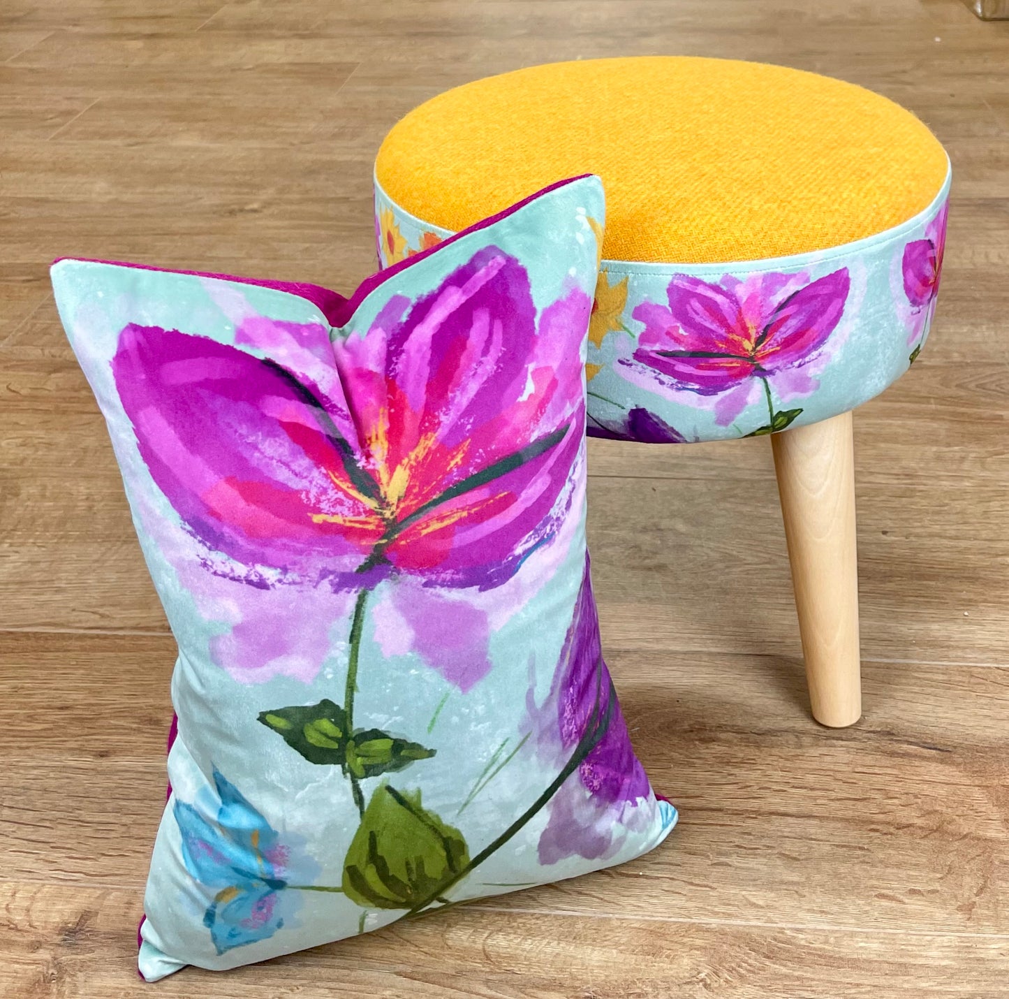 Spring Time Velvet and Yellow Harris Tweed Small Footstool