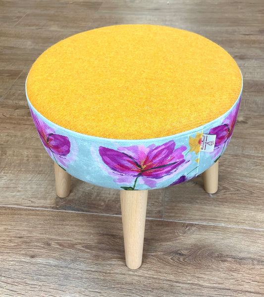 Spring Time Velvet and Yellow Harris Tweed Small Footstool