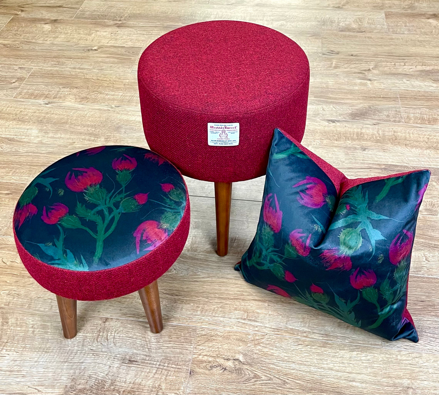 Butterfly Thistles on Black Velvet and Red Harris Tweed Small Footstool