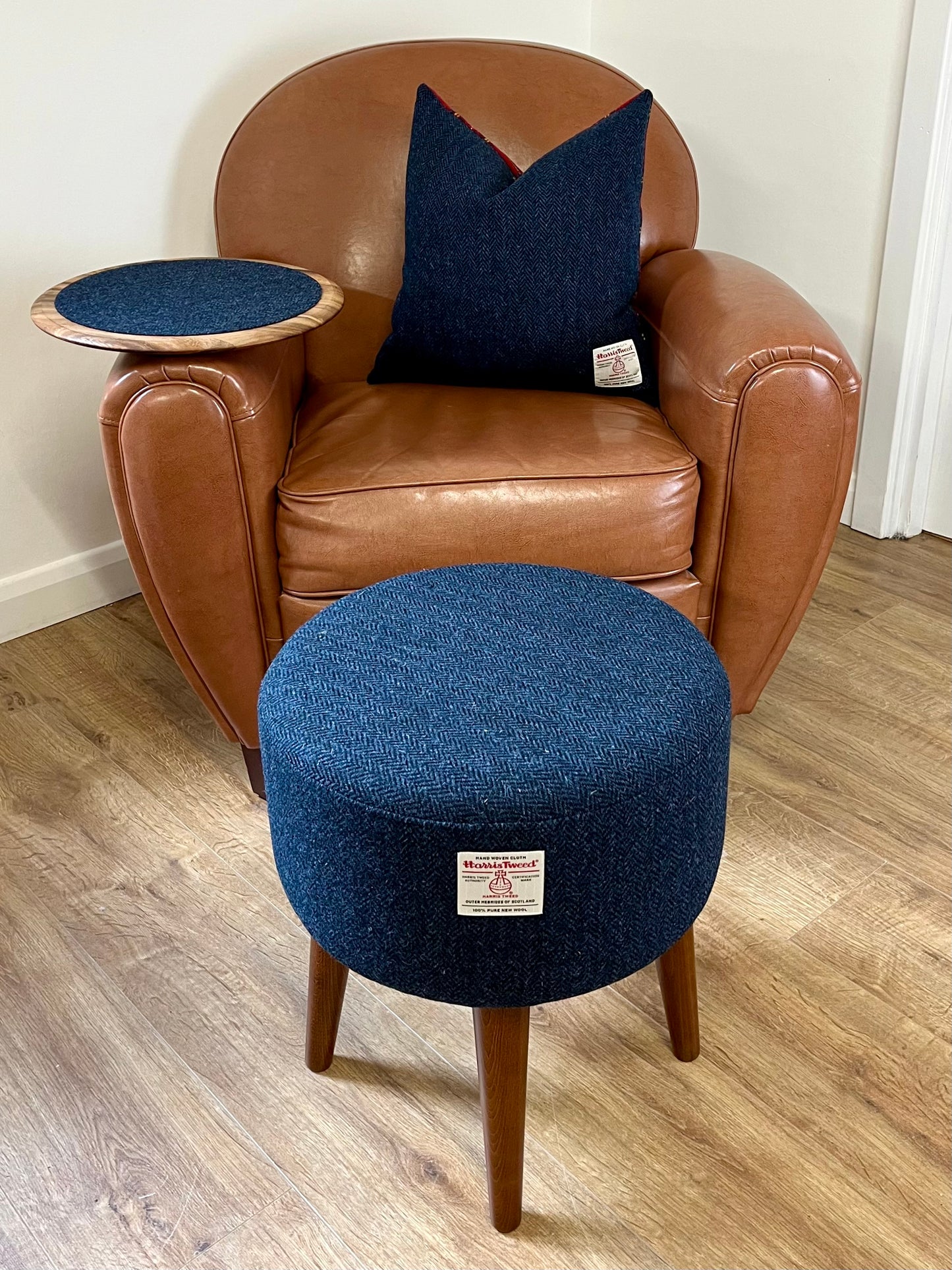 Navy Herringbone Harris Tweed Footstool Table