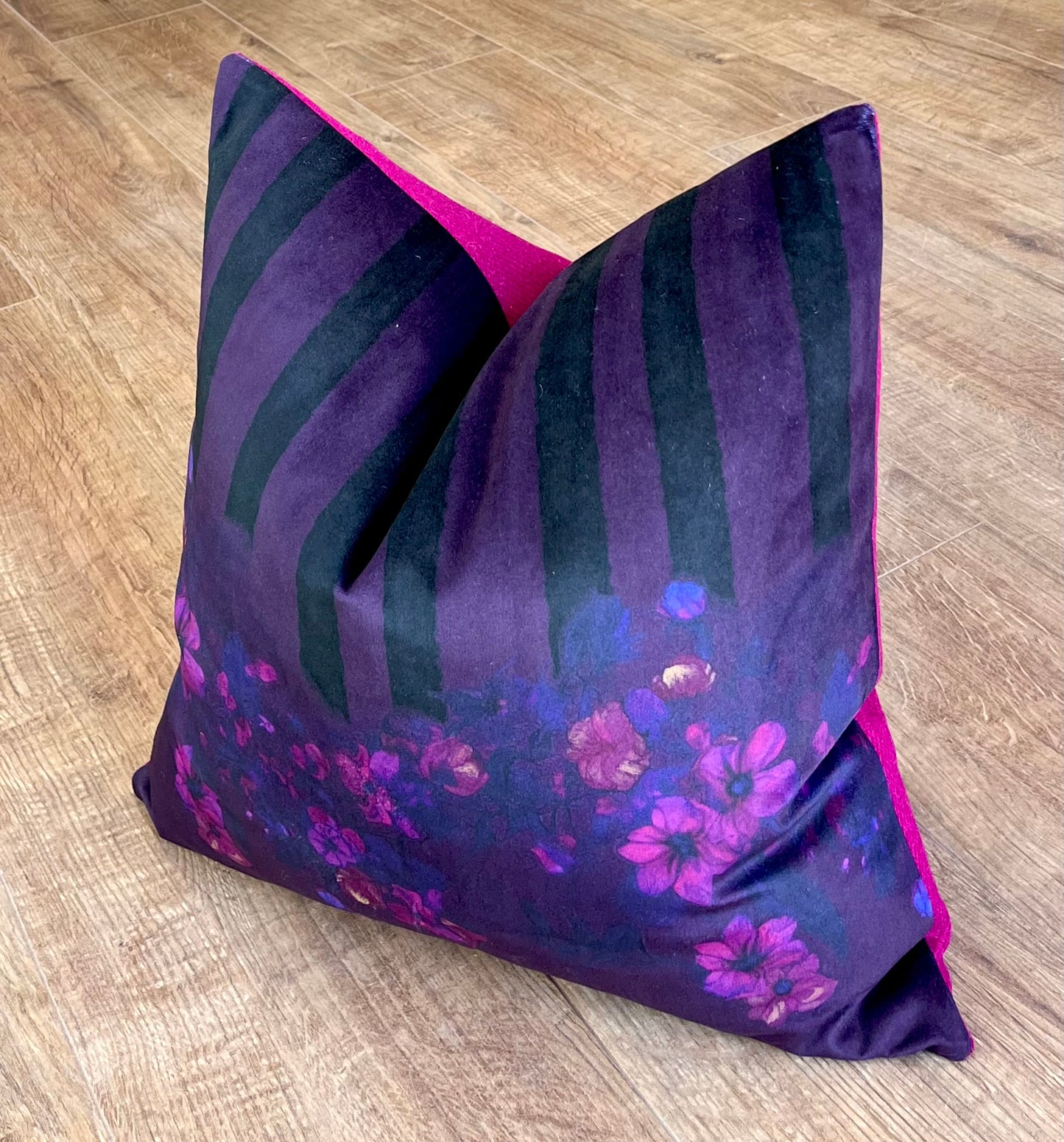 Stripes in Bloom Velvet and Fuchsia Harris Tweed Cushion 18”