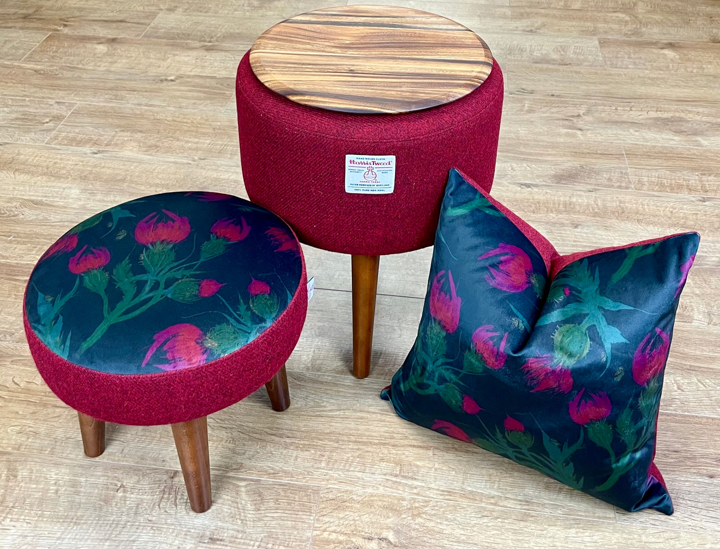 Butterfly Thistles on Black Velvet and Red Harris Tweed Cushion 18”