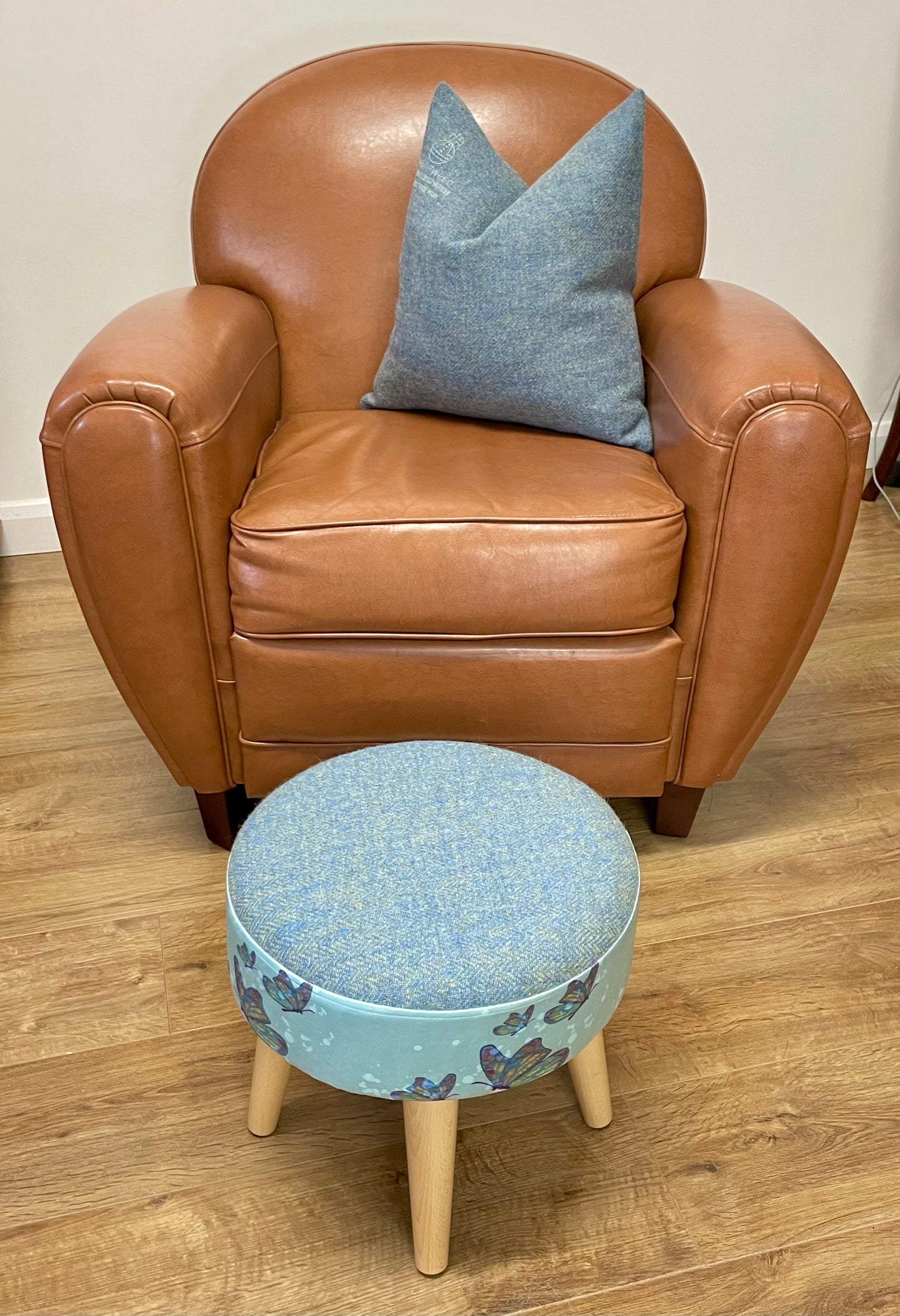 Butterflies in the Rain Velvet and Harris Tweed Small Footstool