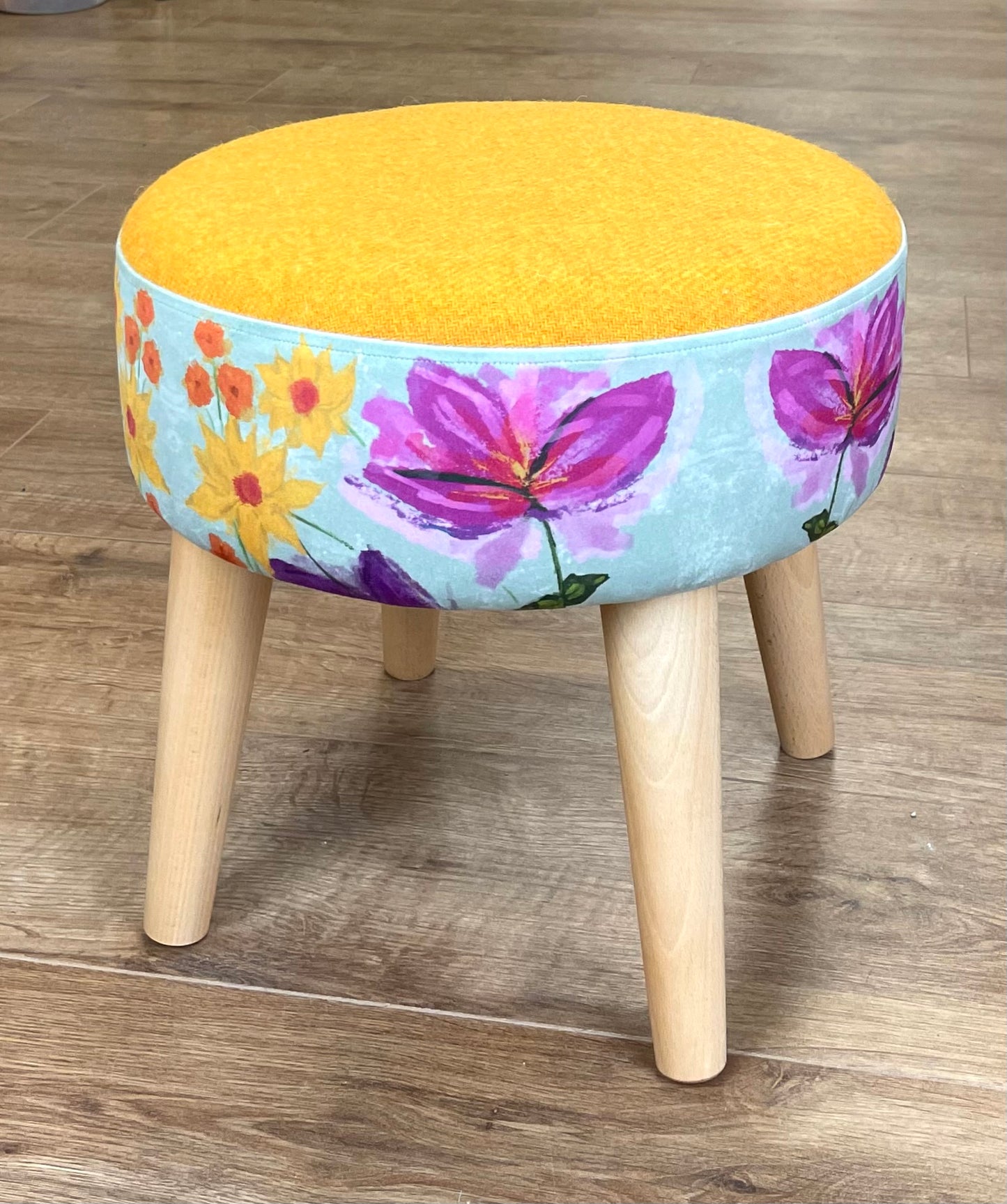 Spring Time Velvet and Yellow Harris Tweed Small Footstool