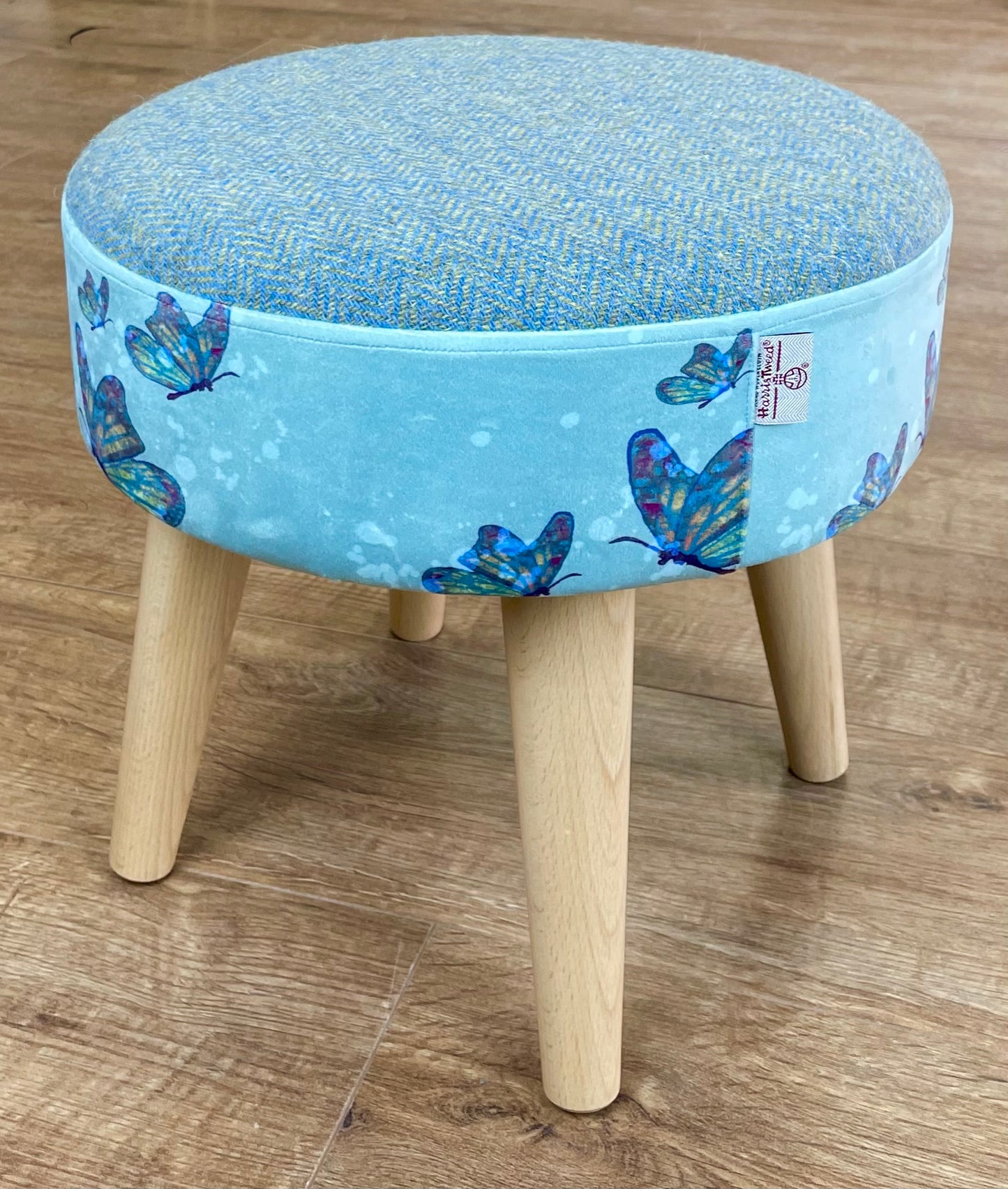 Butterflies in the Rain Velvet and Harris Tweed Small Footstool