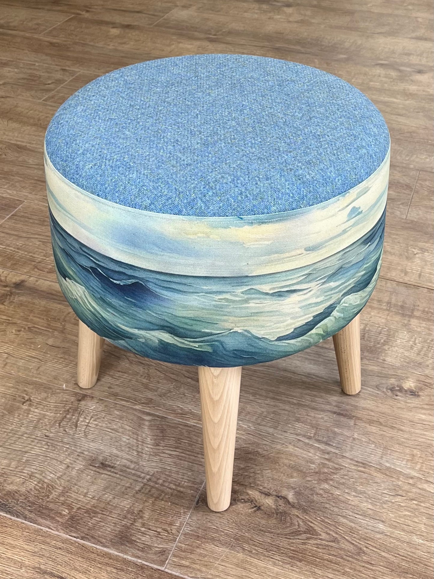 Stormy Sea Linen and Harris Tweed Footstool