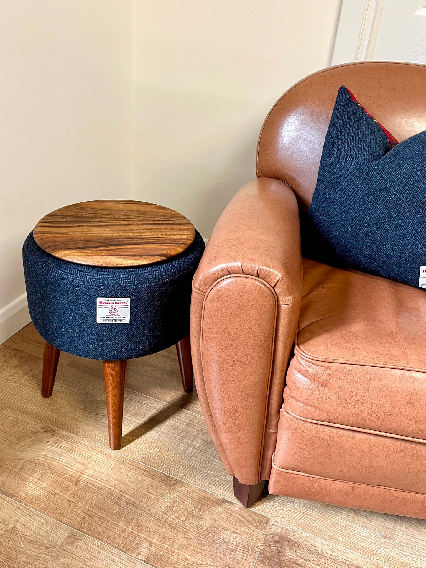 Navy Herringbone Harris Tweed Footstool Table
