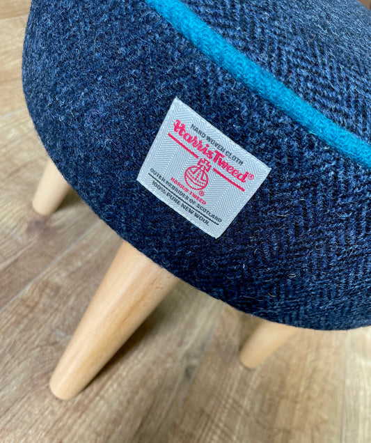 Navy Harris Tweed Footstool with Teal Piping and Varnished Wooden Legs